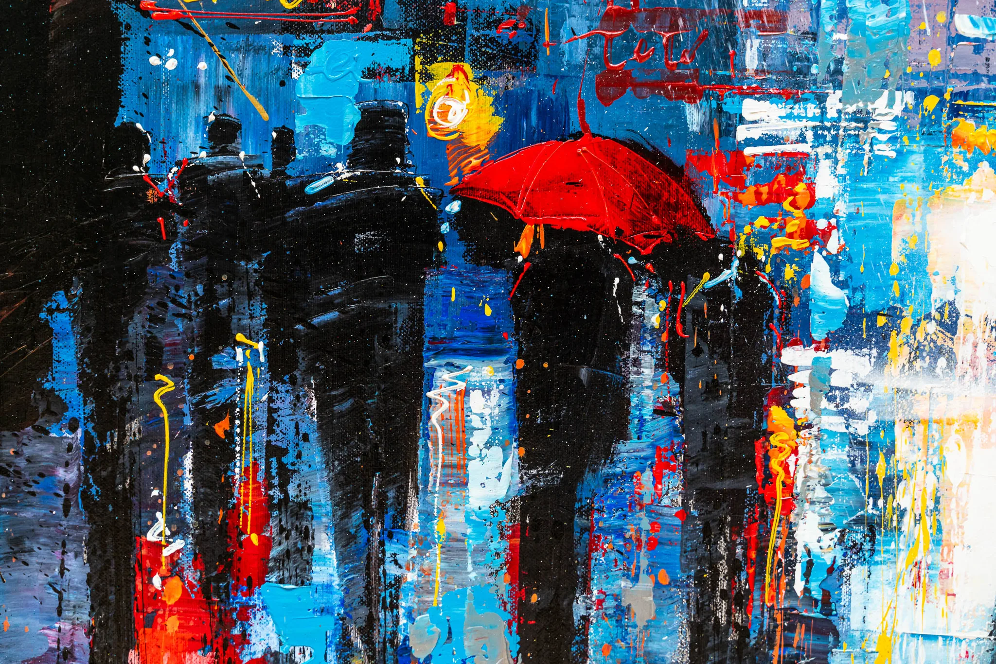 Close-up of Taxi Dash, an original painting by Paul Kenton: thick textured strokes of black silhouetted figures under a bright red umbrella against blue and yellow city lights.