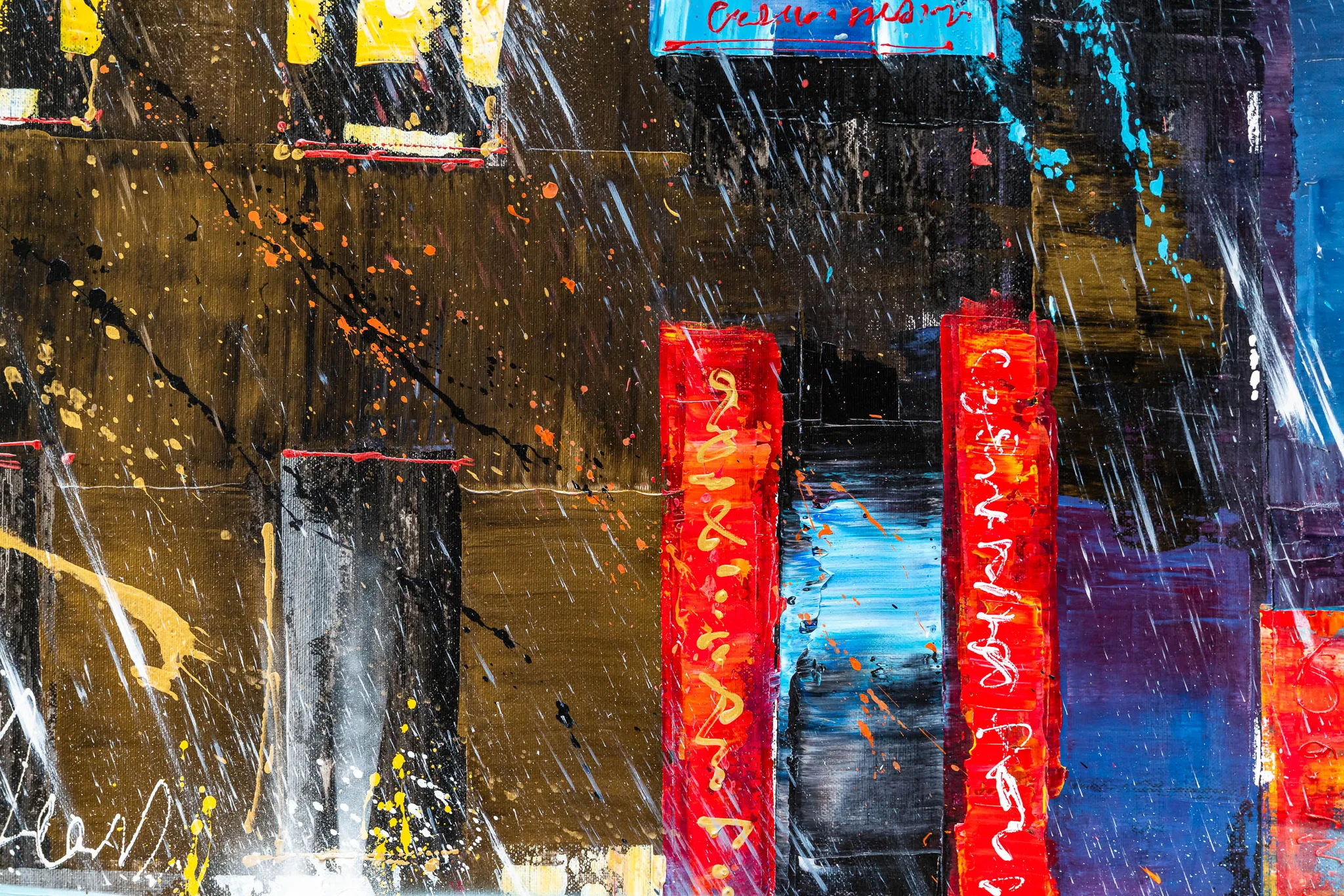 Close-up detail of Taxi Dash, an original painting by Paul Kenton: thick red and orange vertical slabs with scratched white marks, flecked with splatters of yellow and blue against dark brown and black.
