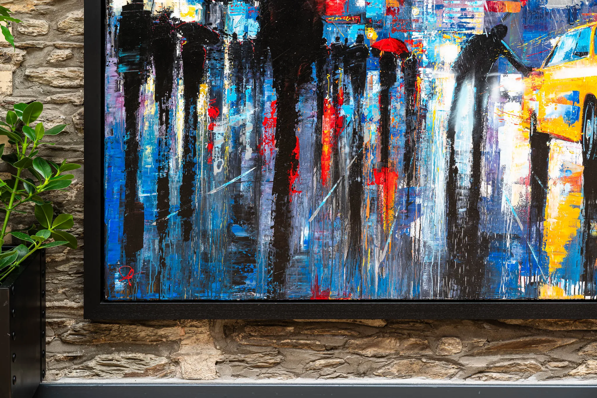 Close-up of Taxi Dash, an original painting by Paul Kenton: rain-slicked New York street in blues and black, with a red umbrella and a yellow taxi, in thick textured brushwork.