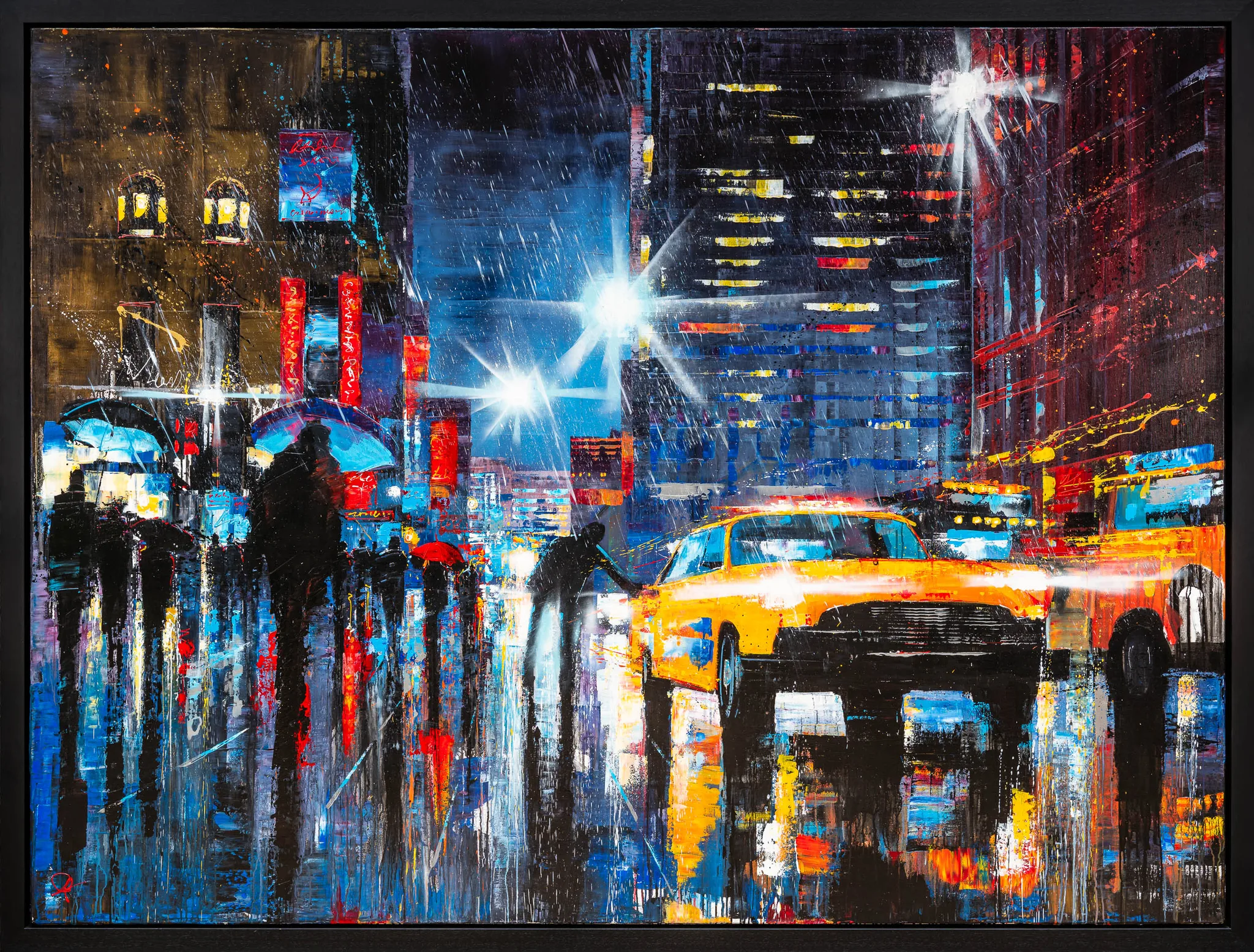 Taxi Dash, an original painting by Paul Kenton in a black frame: a rain-soaked New York street at night, with a bright yellow taxi, dark umbrella-holding figures and blurred city lights in blue, red and gold.