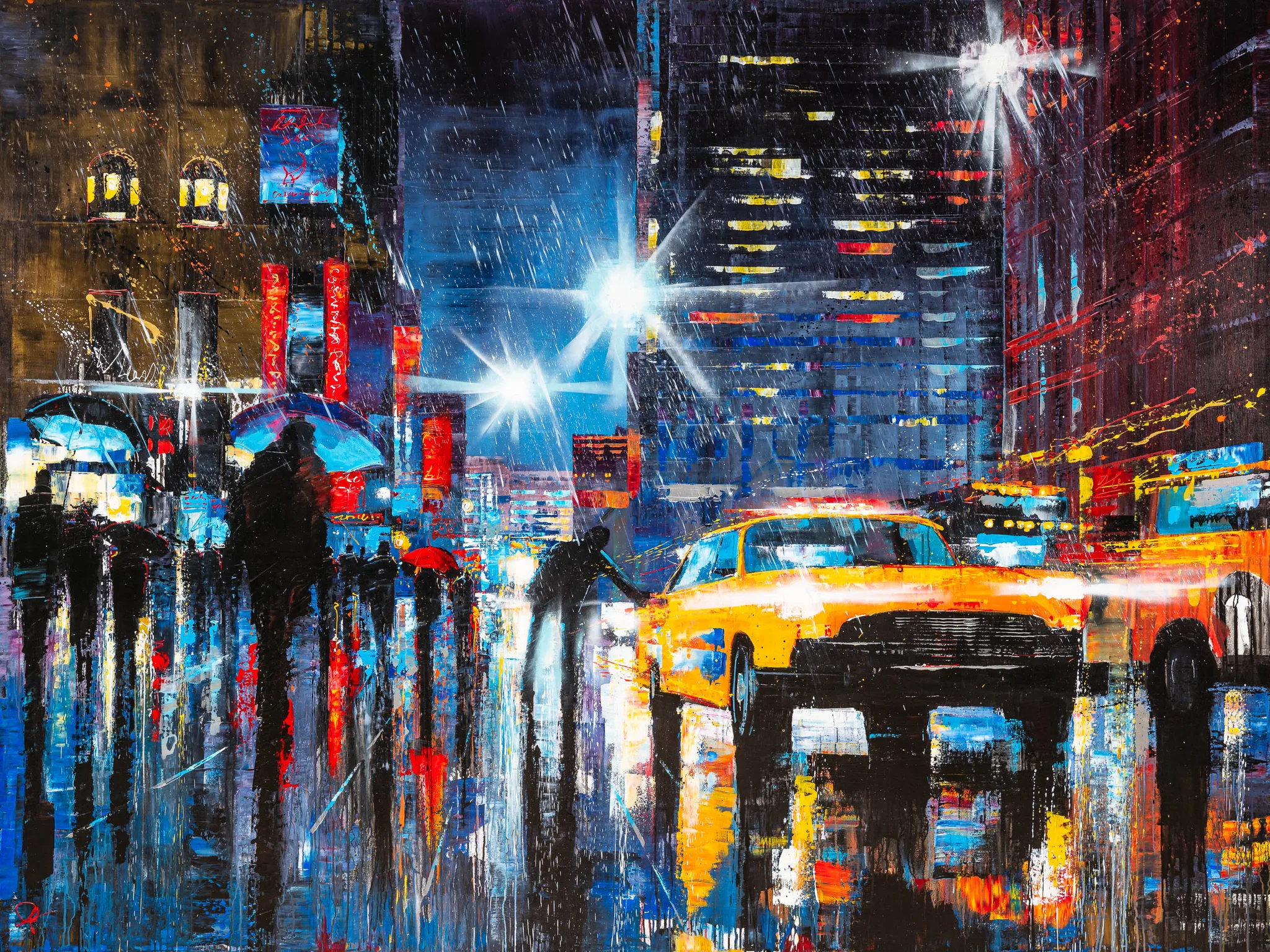 Taxi Dash, an original painting by Paul Kenton: a rain-soaked New York street at night, with a yellow taxi and figures under umbrellas, glowing neon and blue reflections on wet pavement.