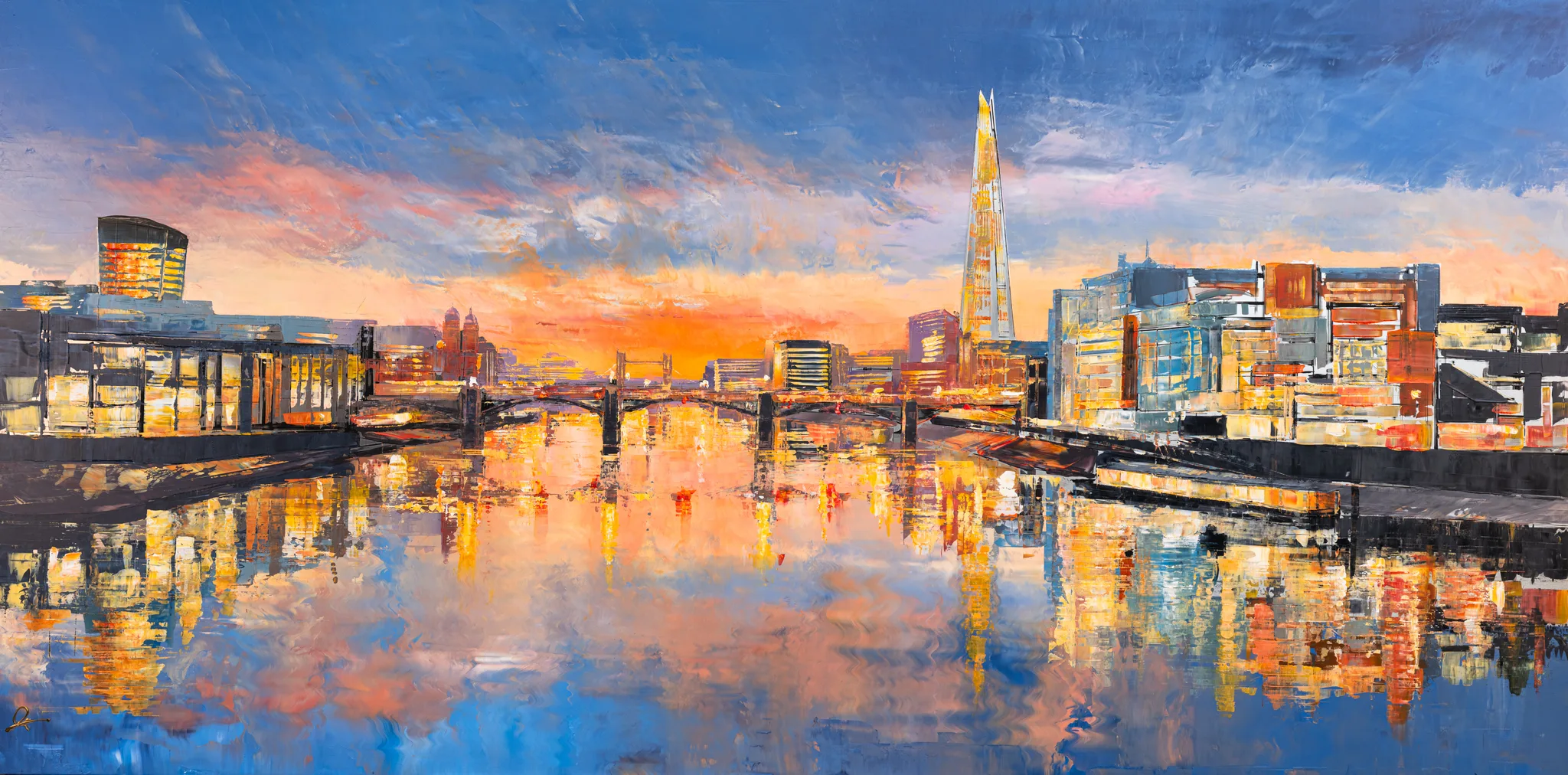Thames in Texture, an original painting by Paul Kenton: a textured London river view at sunset, with the Shard rising among city towers and bridges, reflected in golden water beneath orange and blue skies.