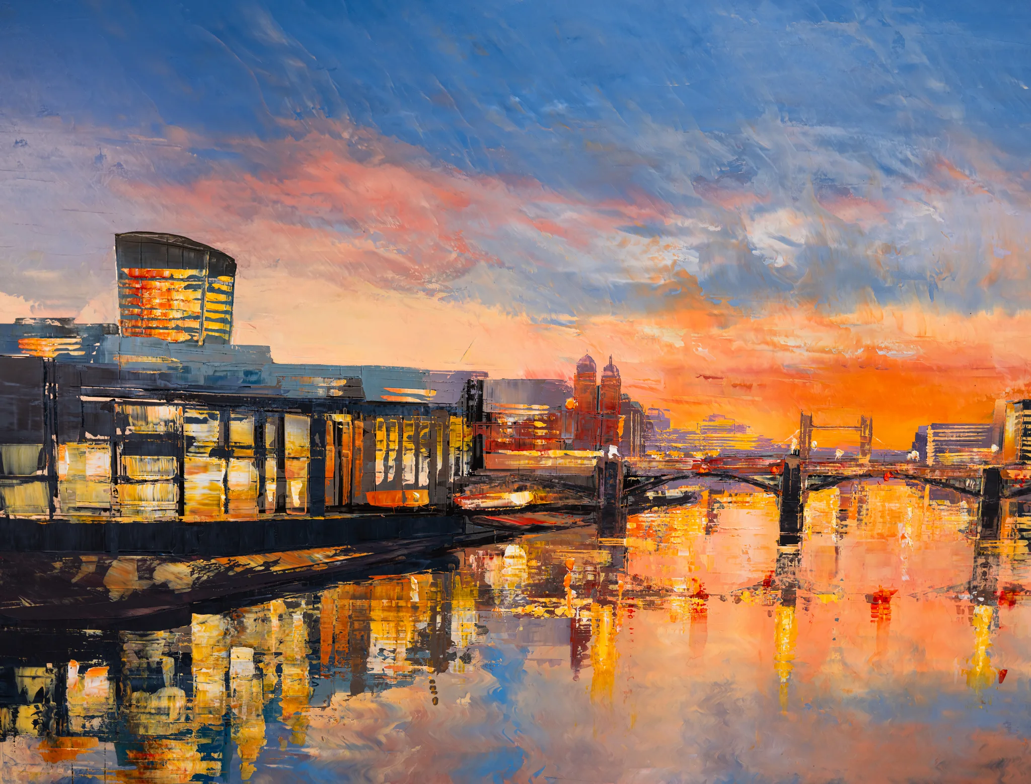 Thames in Texture, an original painting by Paul Kenton: a close-up of thick, textured brushwork showing a river at dusk, with glowing lit buildings reflected in the water beneath an orange and blue sky.
