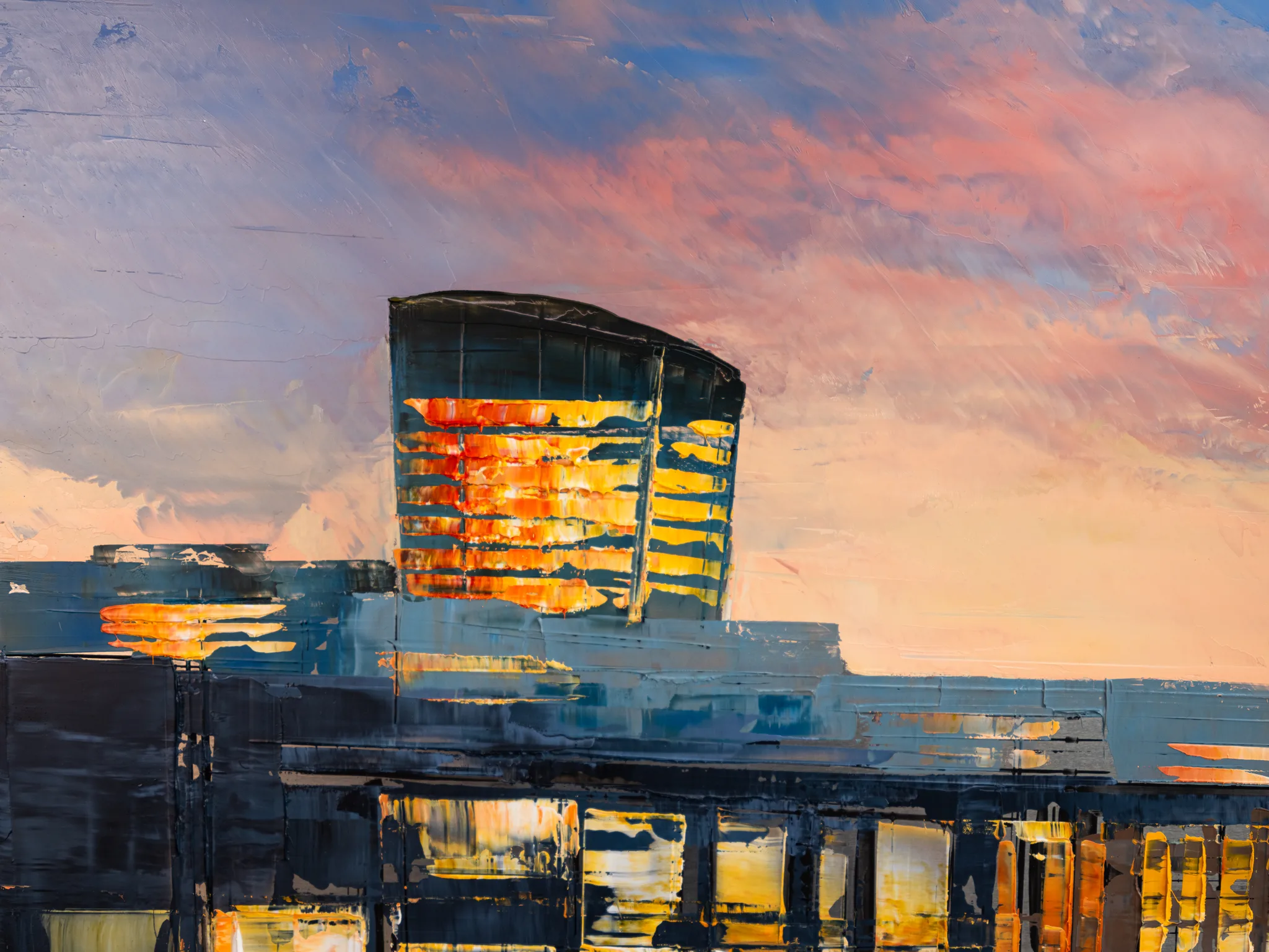 Close-up of Thames in Texture, an original oil painting by Paul Kenton: thick palette-knife strokes show a dark curved tower glowing orange and gold against a pink and lavender sunset sky.