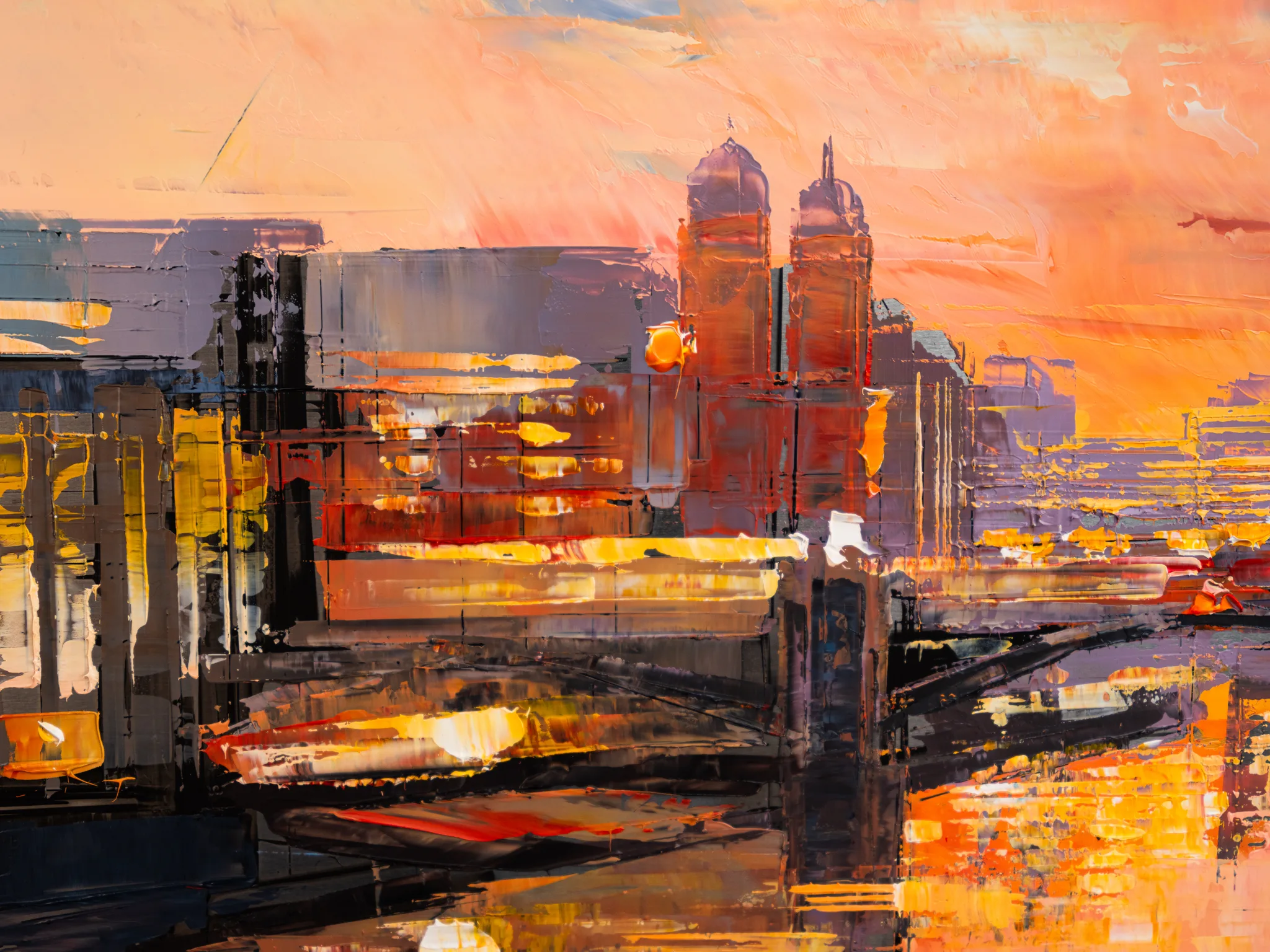 Thames in Texture, an original painting by Paul Kenton: a close-up of thick palette-knife strokes showing a glowing sunset city skyline with twin domed towers, warm orange sky and yellow reflections on dark water.