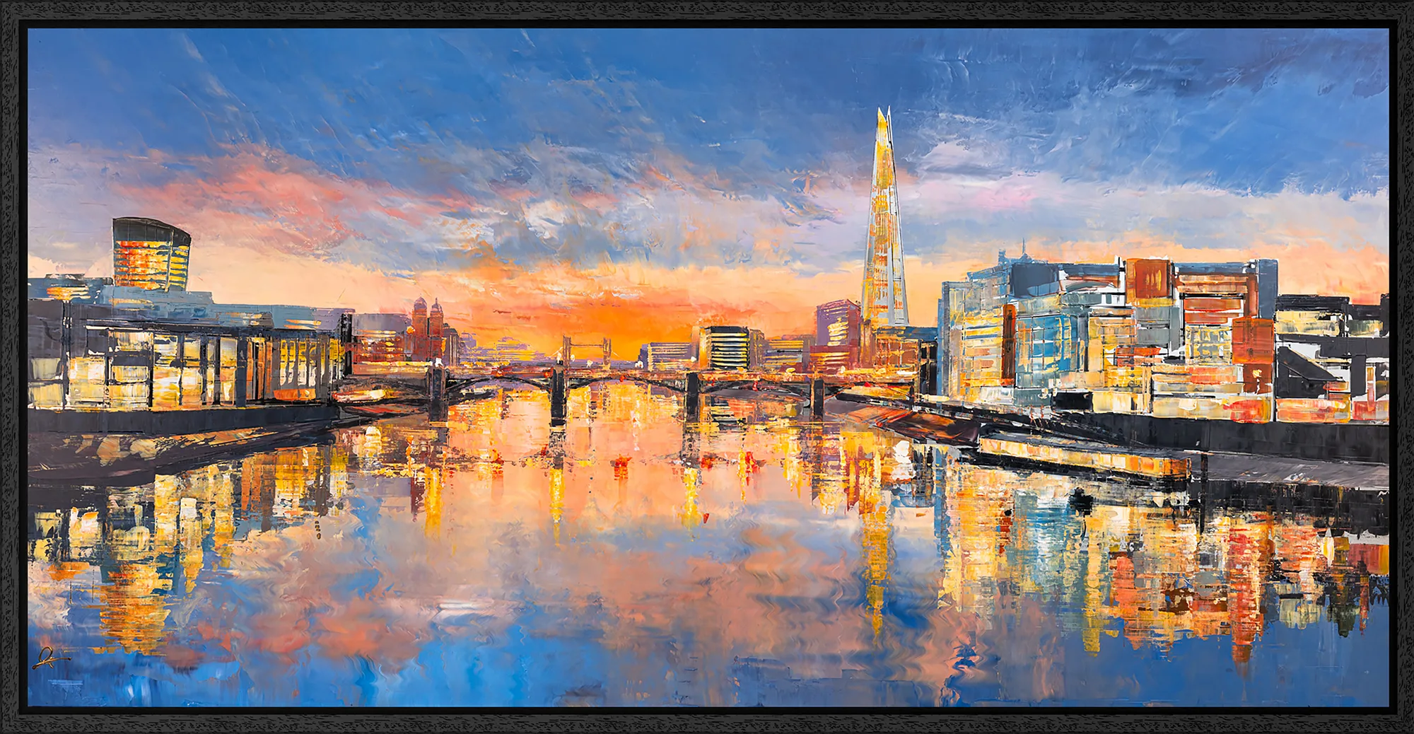 Thames in Texture, an original painting by Paul Kenton in a black float frame: a panoramic London sunset over the Thames, with the Shard rising above glowing buildings, bridge and rippling blue-orange reflections.