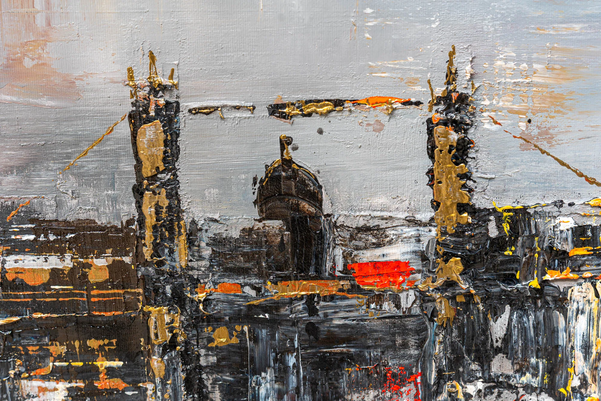Close-up of Thames Nightfall, an original painting by Paul Kenton, showing thick textured brushwork of Tower Bridge towers in charcoal, grey and flecks of gold and red.