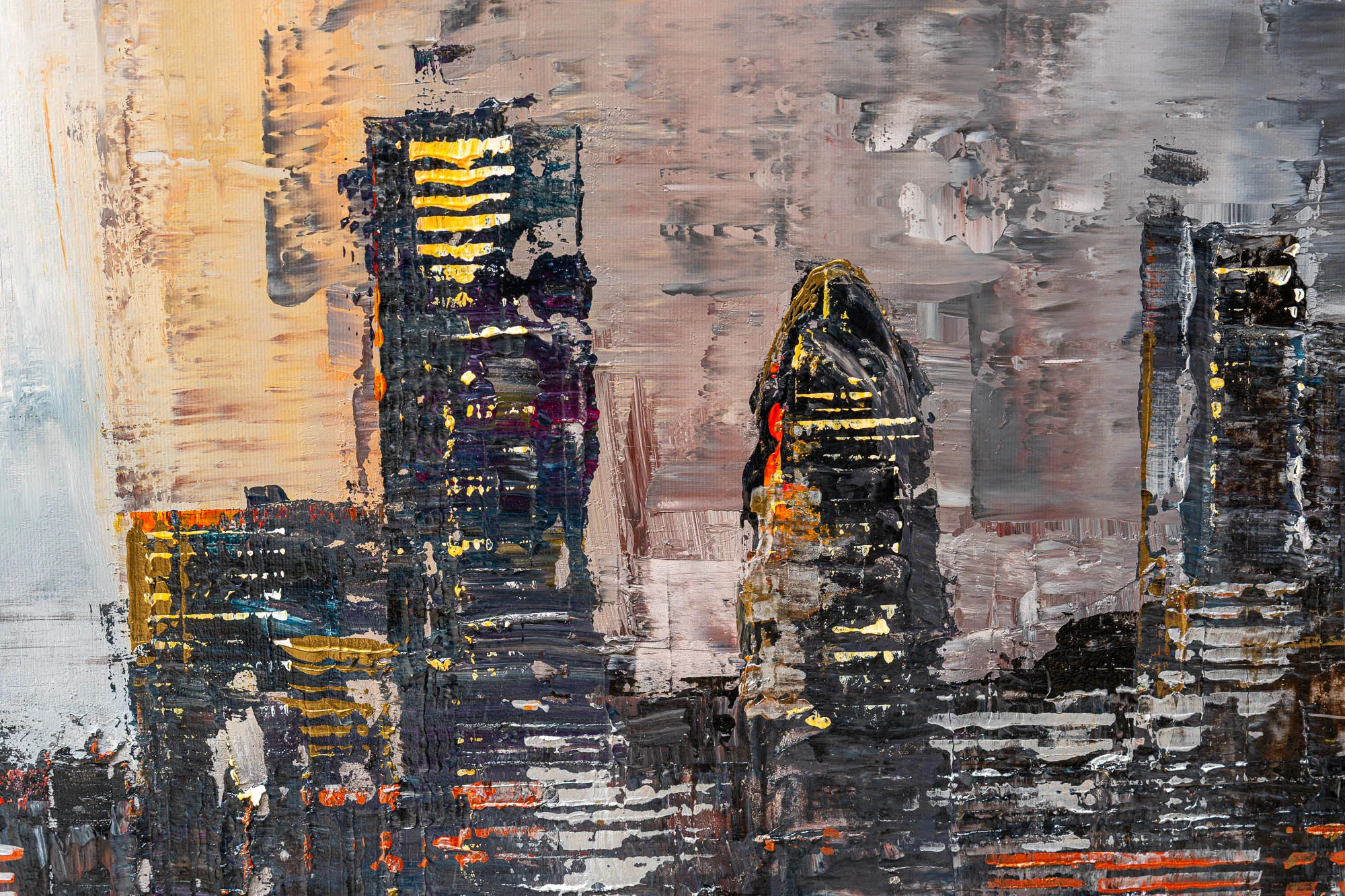 Close-up of Thames Nightfall, an original painting by Paul Kenton, showing thick palette-knife strokes of dark towers lit with gold and orange windows against a warm, misty sky.