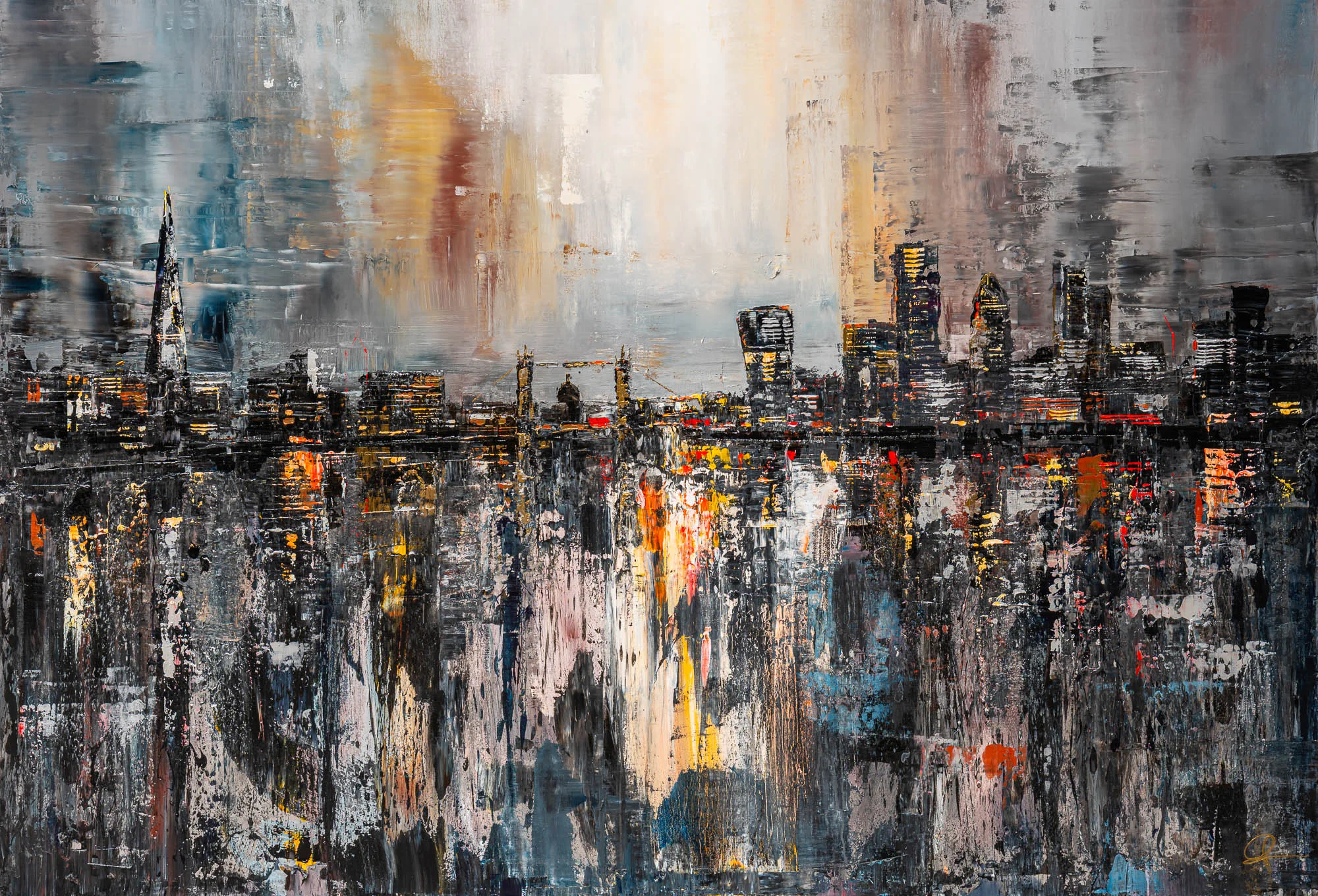 Close-up of Thames Nightfall, an original painting by Paul Kenton: thick, scraped layers of grey, cream and rust reveal a London skyline at dusk, with warm orange and gold lights glinting through.