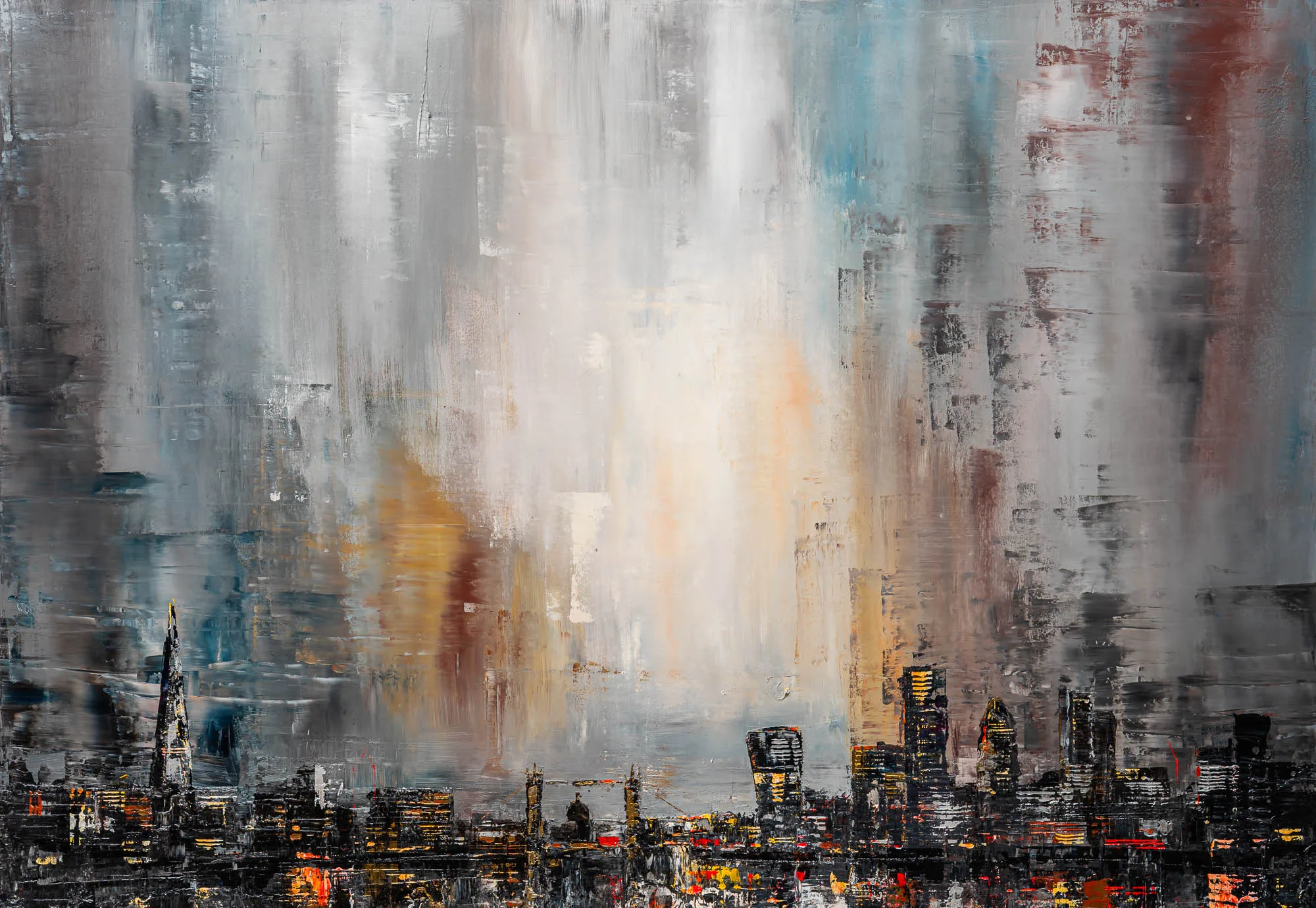 Close-up of Thames Nightfall, an original painting by Paul Kenton, showing the Shard rising through textured grey cloud above a dark, glowing London skyline.