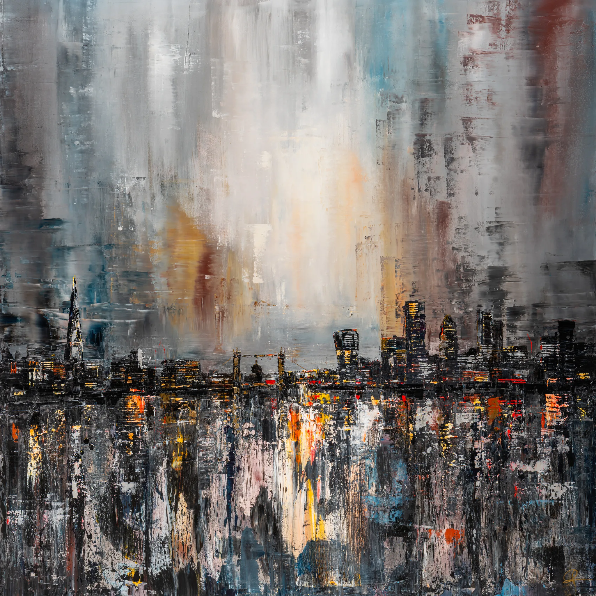 Thames Nightfall, an original painting by Paul Kenton: a textured London skyline of dark towers glowing with warm lights beneath a hazy grey and amber sky.