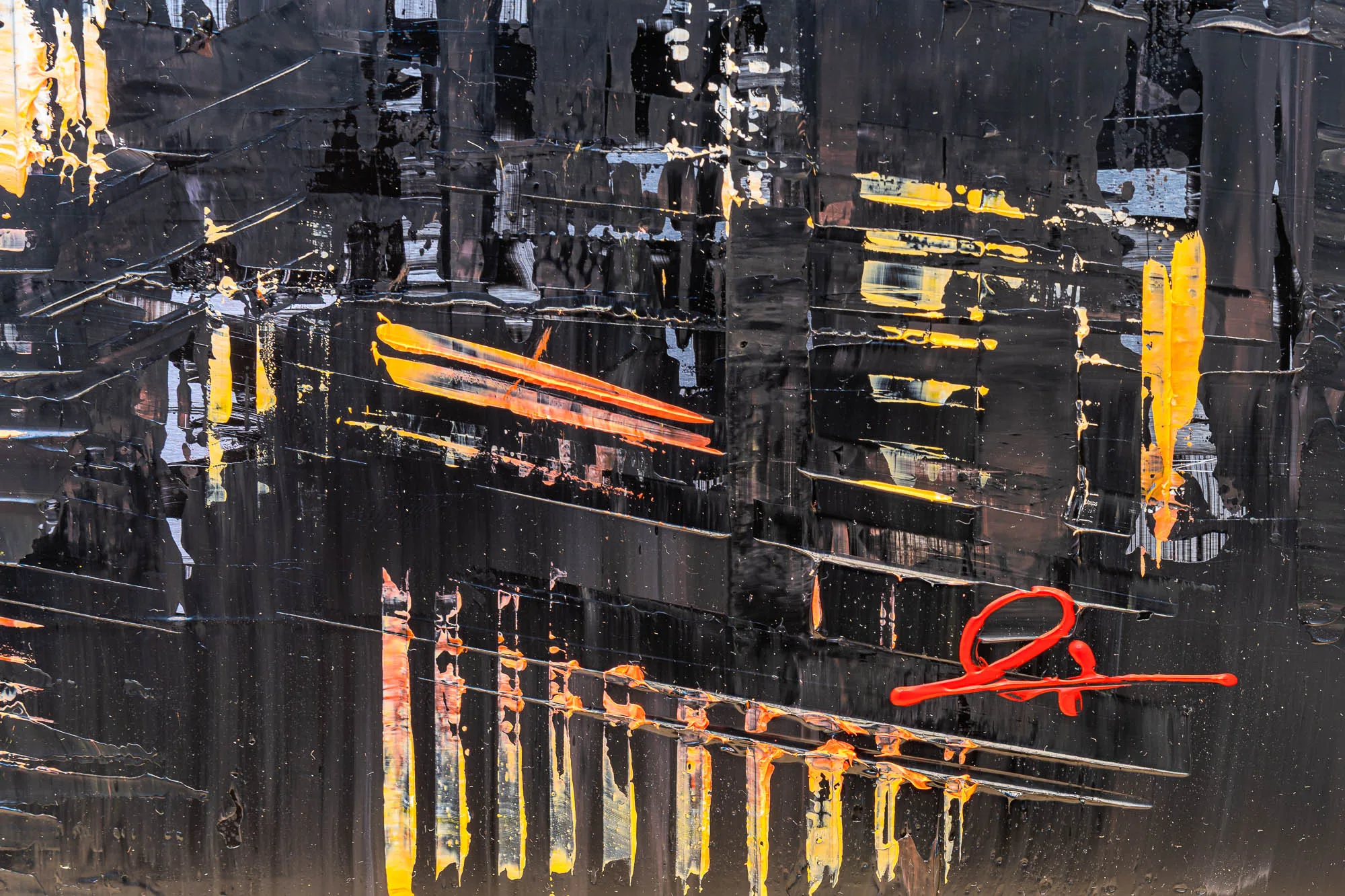 Close-up of Thames Twilight, an original painting by Paul Kenton: thick black impasto strokes suggest city towers, with streaks of yellow and red-orange catching the light.