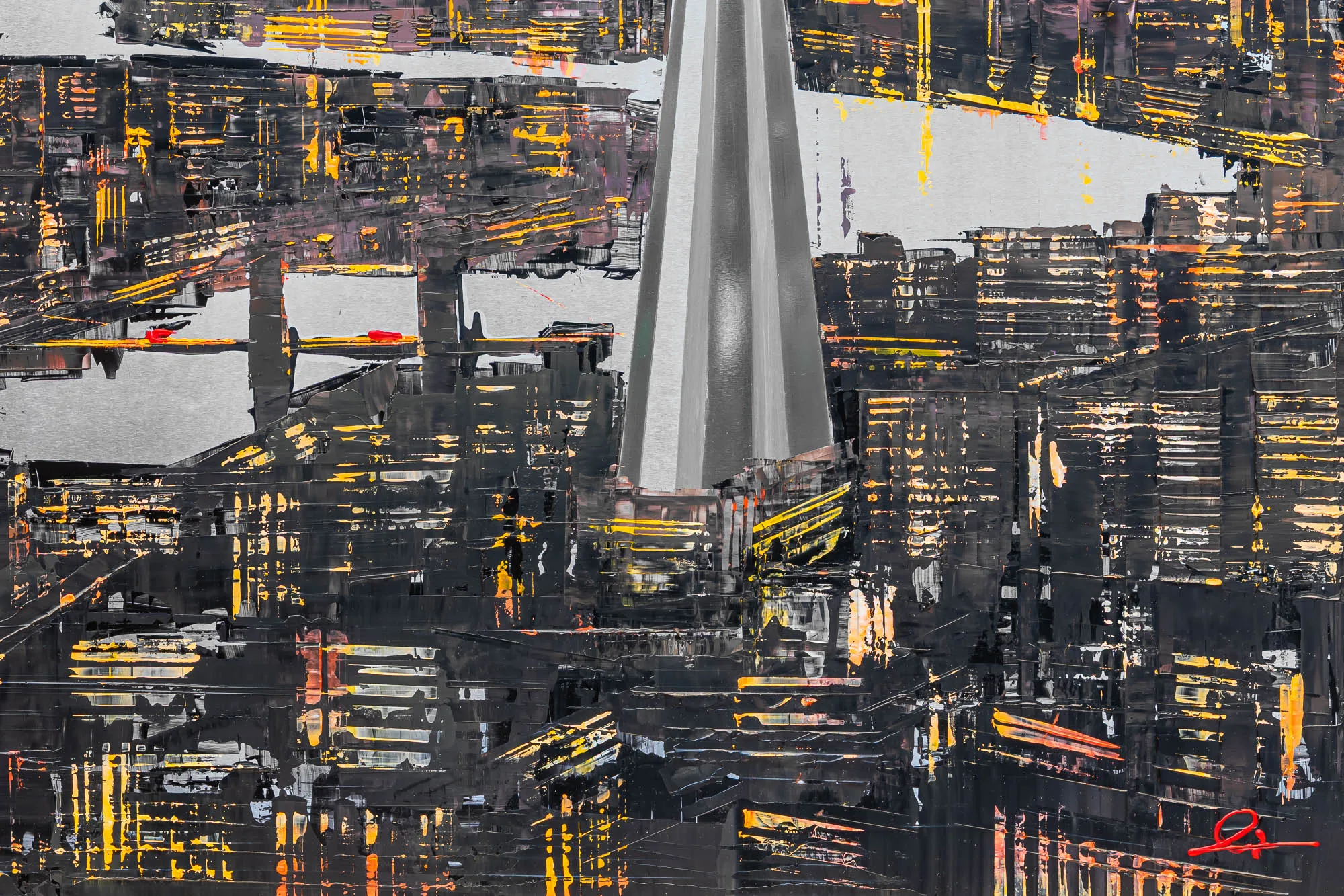 Close-up of Thames Twilight, an original painting by Paul Kenton: a thick, scraped texture of black, grey and gold strokes across a London skyline, with a tall grey spire rising at centre.