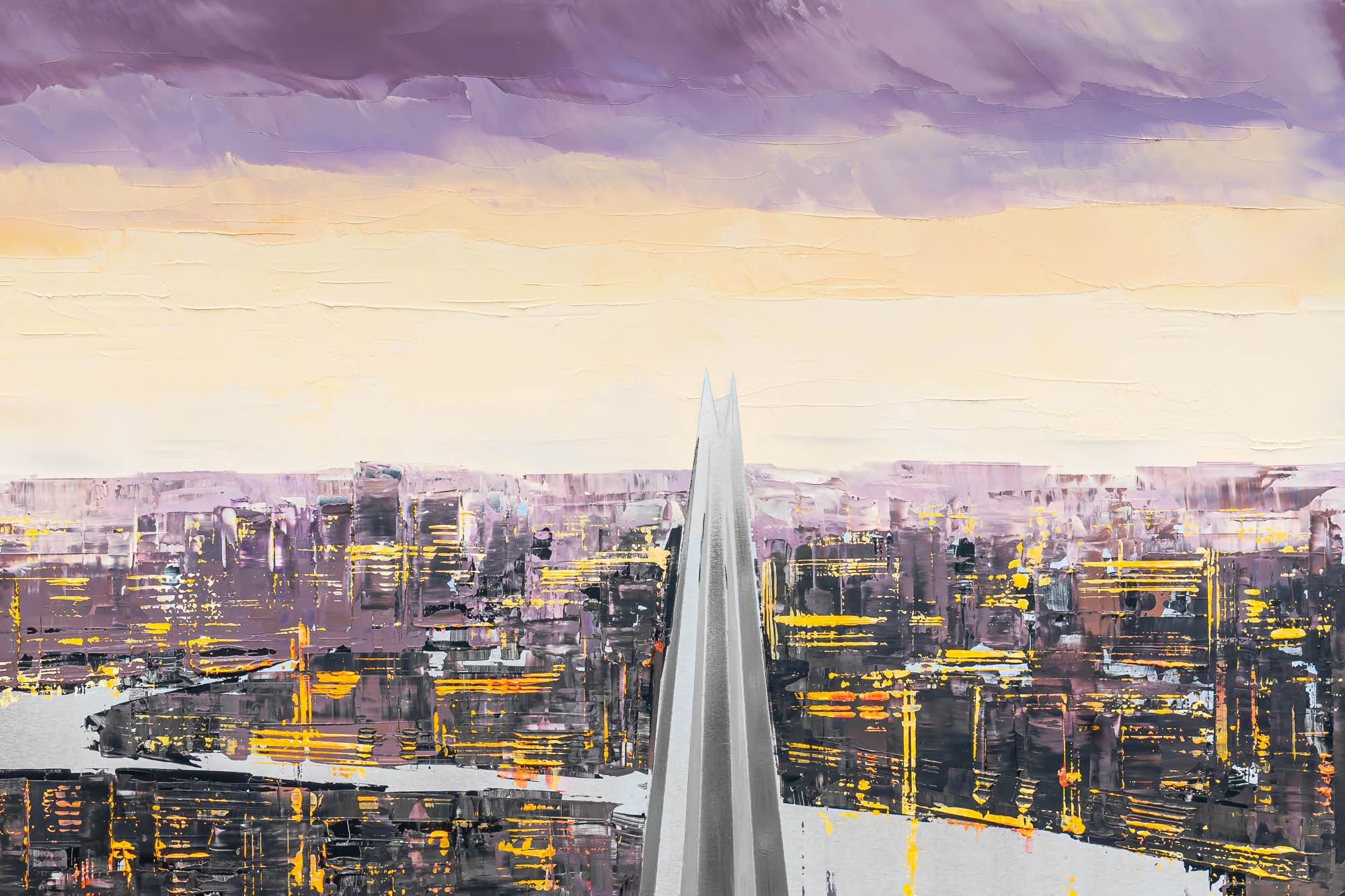 Close-up of Thames Twilight, an original painting by Paul Kenton: textured strokes of violet cloud, gold-lit London rooftops and a silver tower.