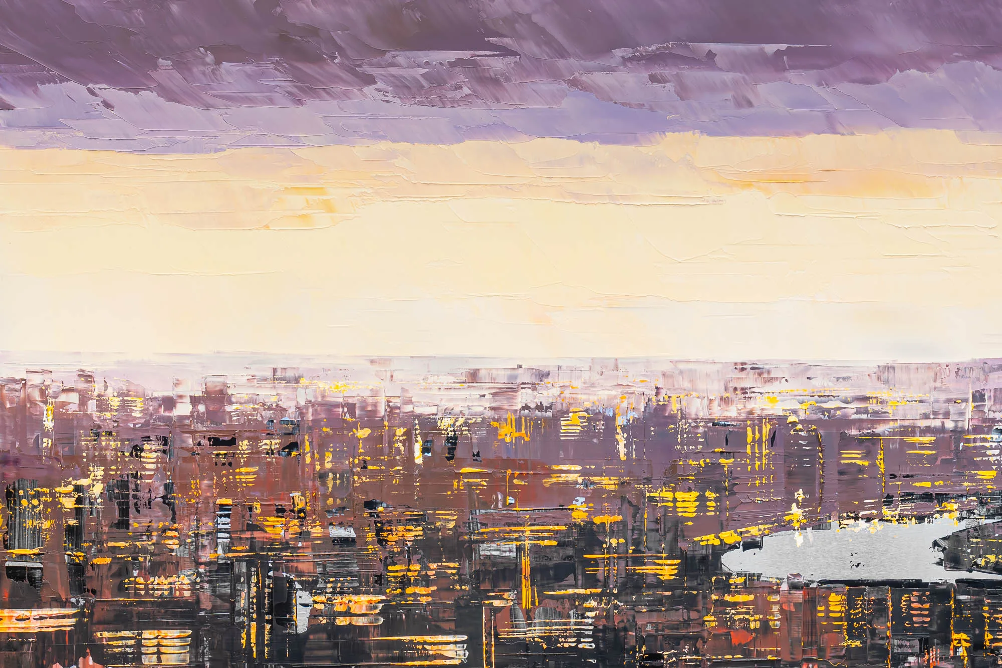 Close-up of Thames Twilight by Paul Kenton: thick textured brushwork of a London skyline, gold lights glowing beneath a lilac and yellow dusk sky.