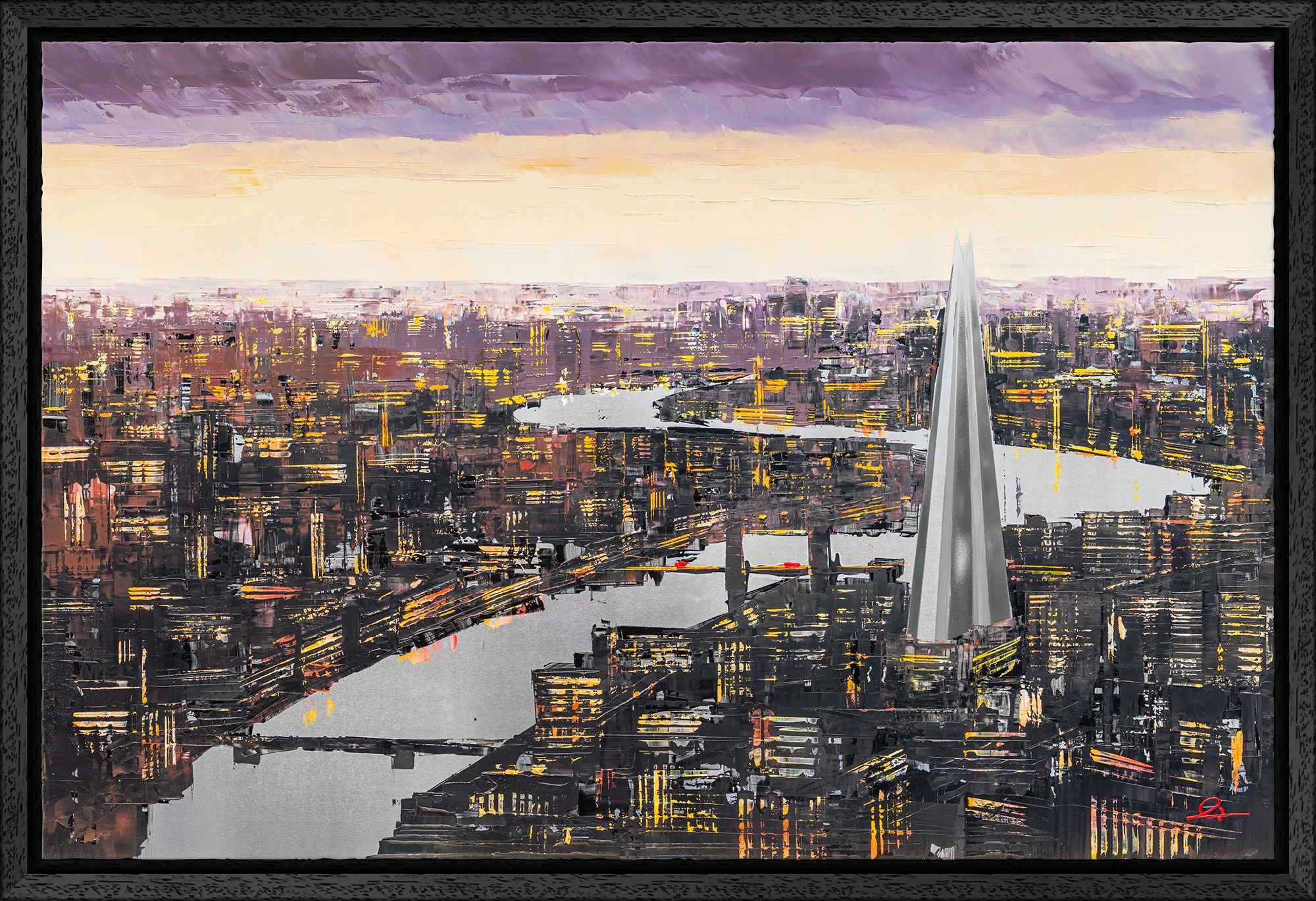 Thames Twilight, an original painting by Paul Kenton in a black float frame: an aerial dusk view over London, with the Shard rising from glittering rooftops beside a winding silver Thames under a purple and gold sky.