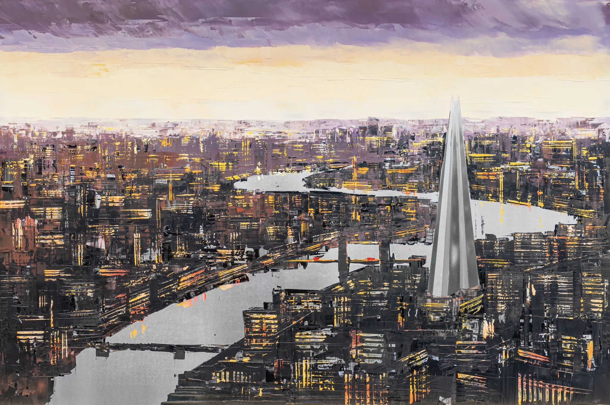 Thames Twilight, an original painting by Paul Kenton: a textured London skyline at dusk, with the Shard rising pale grey over the river, glowing windows and purple-gold sky.