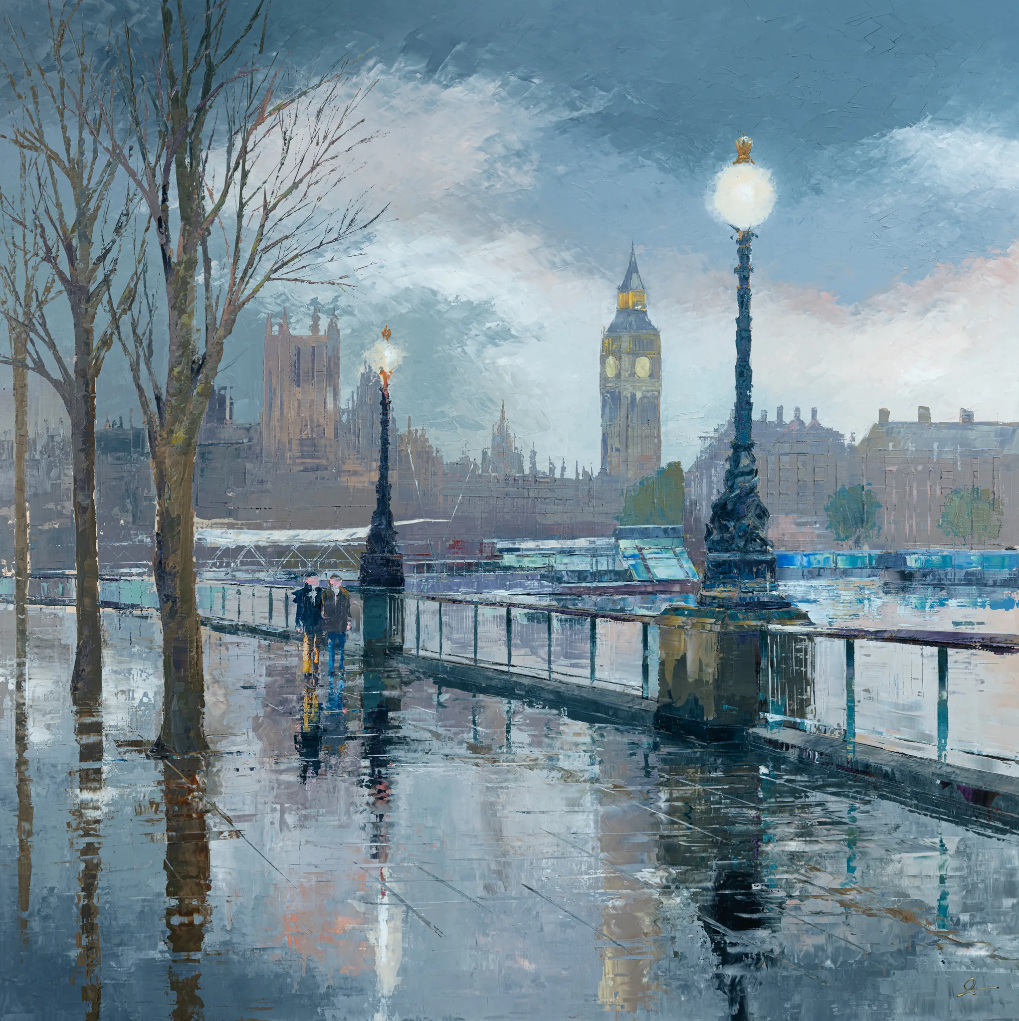 Thames Light, an original painting by Paul Kenton: two figures walk a wet South Bank promenade at dusk, lamp posts glowing, with Big Ben rising beyond the rain-slicked Thames.