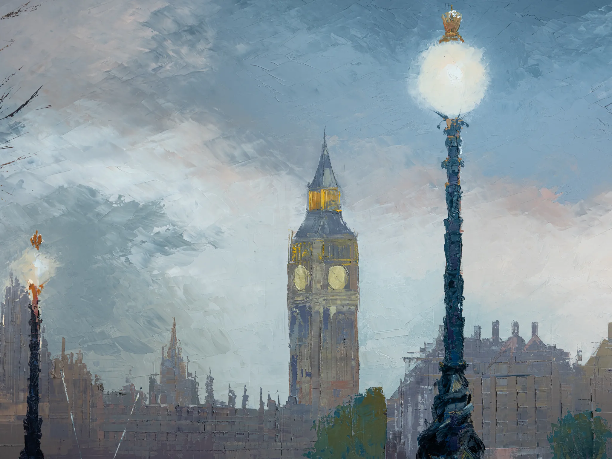 Close-up of Thames Light, an original painting by Paul Kenton: a glowing street lamp and the clock tower of Big Ben in thick, textured brushwork under a pale blue dusk sky.