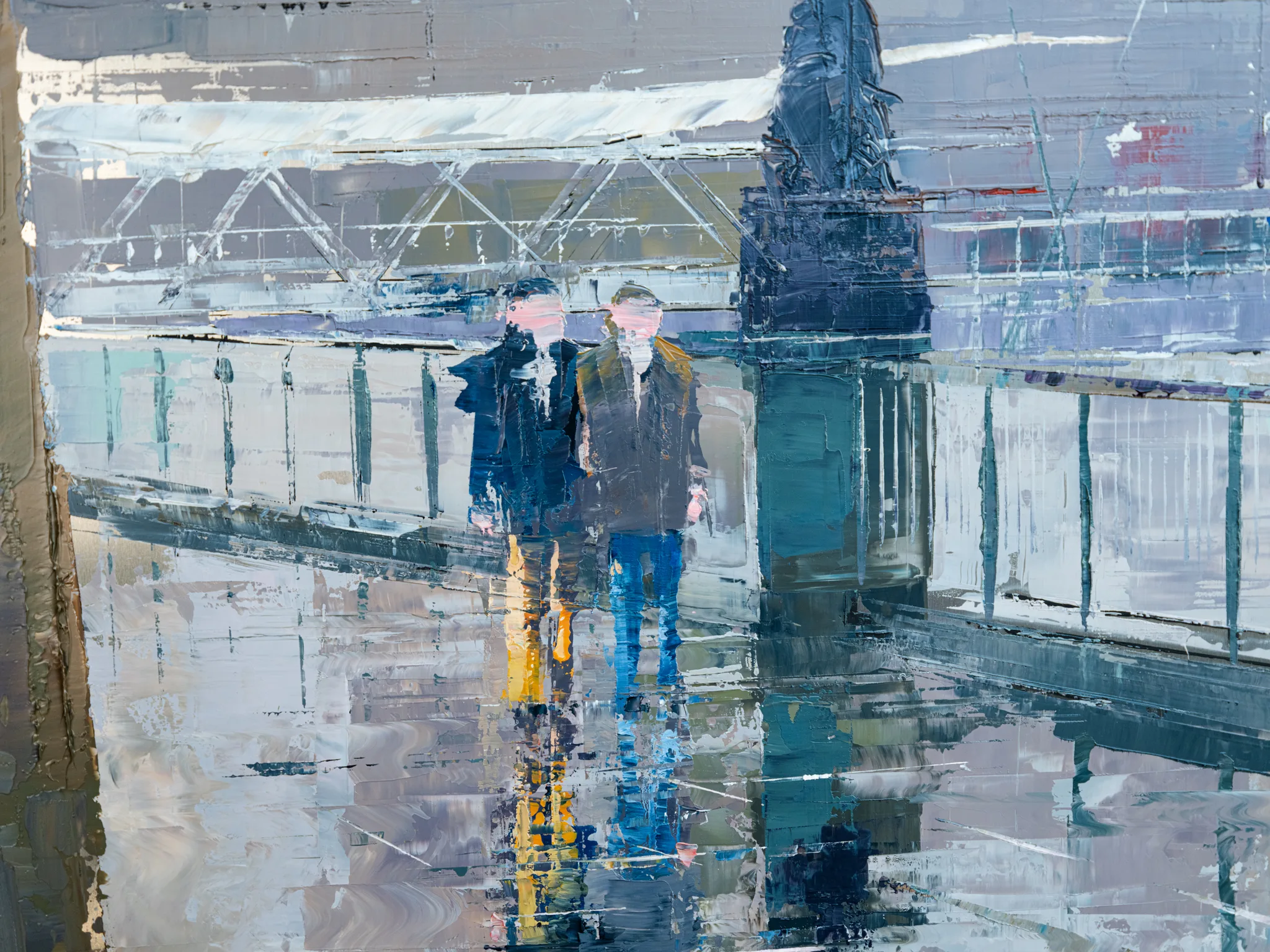Thames Light, an original oil painting by Paul Kenton: two figures in dark coats walk along a wet, reflective bridge walkway, with yellow and blue legs mirrored in the pale grey water.