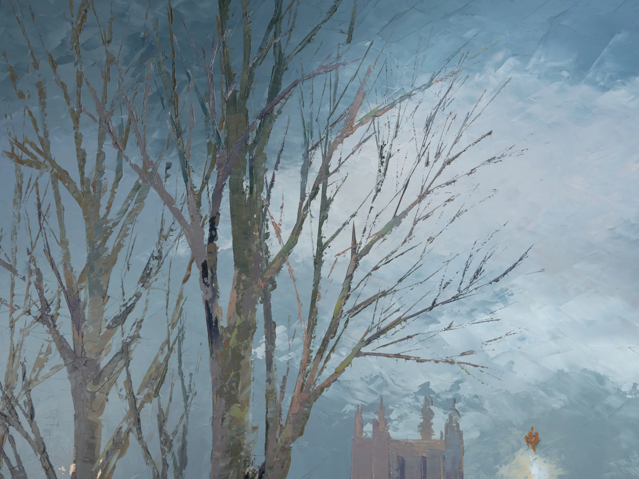 Close-up of Thames Light, an original oil painting by Paul Kenton: bare winter trees in thick, textured brushstrokes against a pale blue sky, with a distant pinkish spire and a glowing gold figure below.