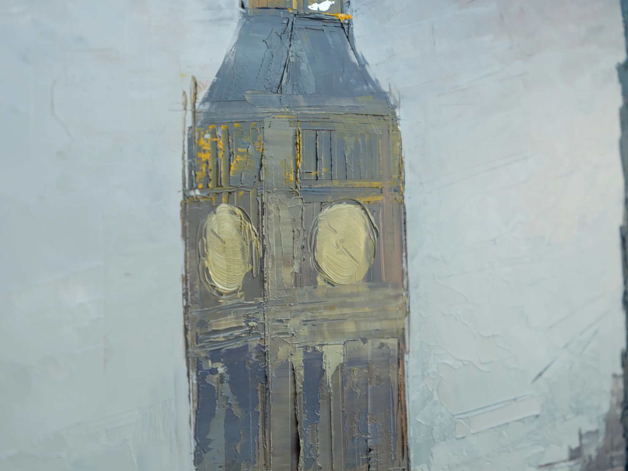 Close-up of Thames Light, an original oil painting by Paul Kenton, showing the thick, textured brushwork of a grey clock tower with pale gold clock faces against misty blue-grey sky.