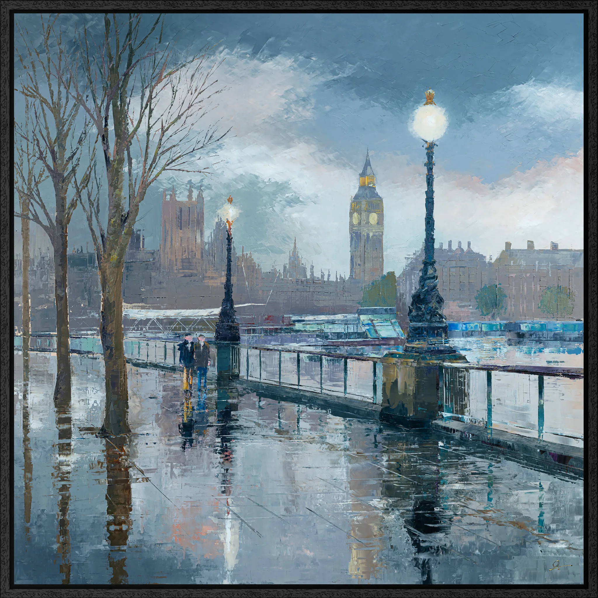 Thames Light, an original painting by Paul Kenton in a black frame: a rain-slicked South Bank walkway at dusk, lit lamps, bare trees, and Big Ben in blue-grey tones.
