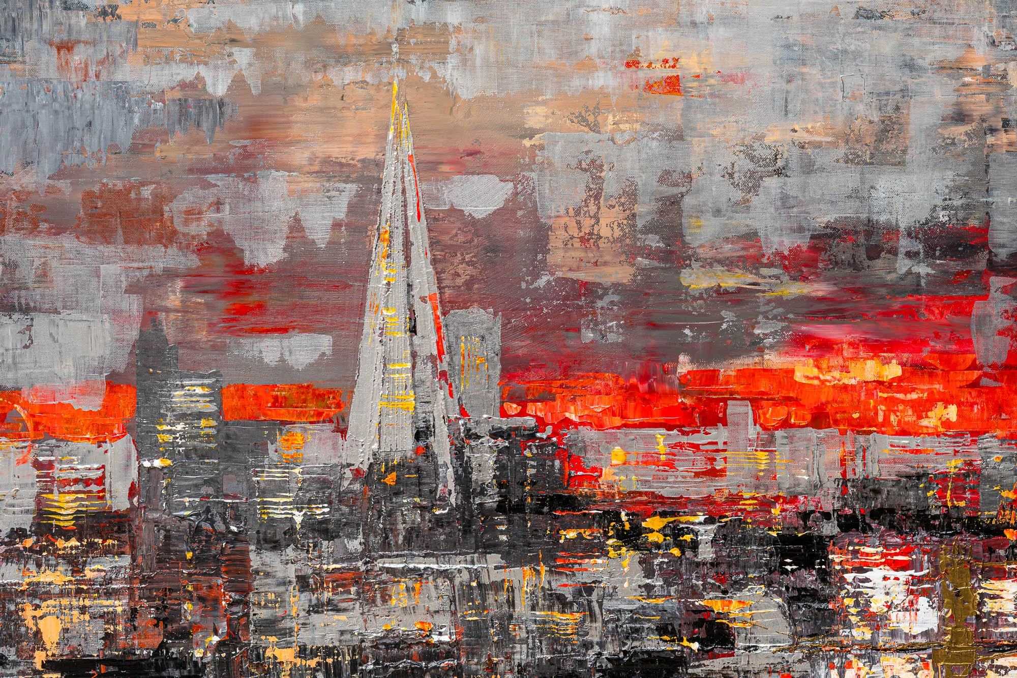 Close-up of Urban Alchemy, an original painting by Paul Kenton: thick, textured strokes of grey, red and gold build a London skyline, with a tall pale spire rising at its centre.