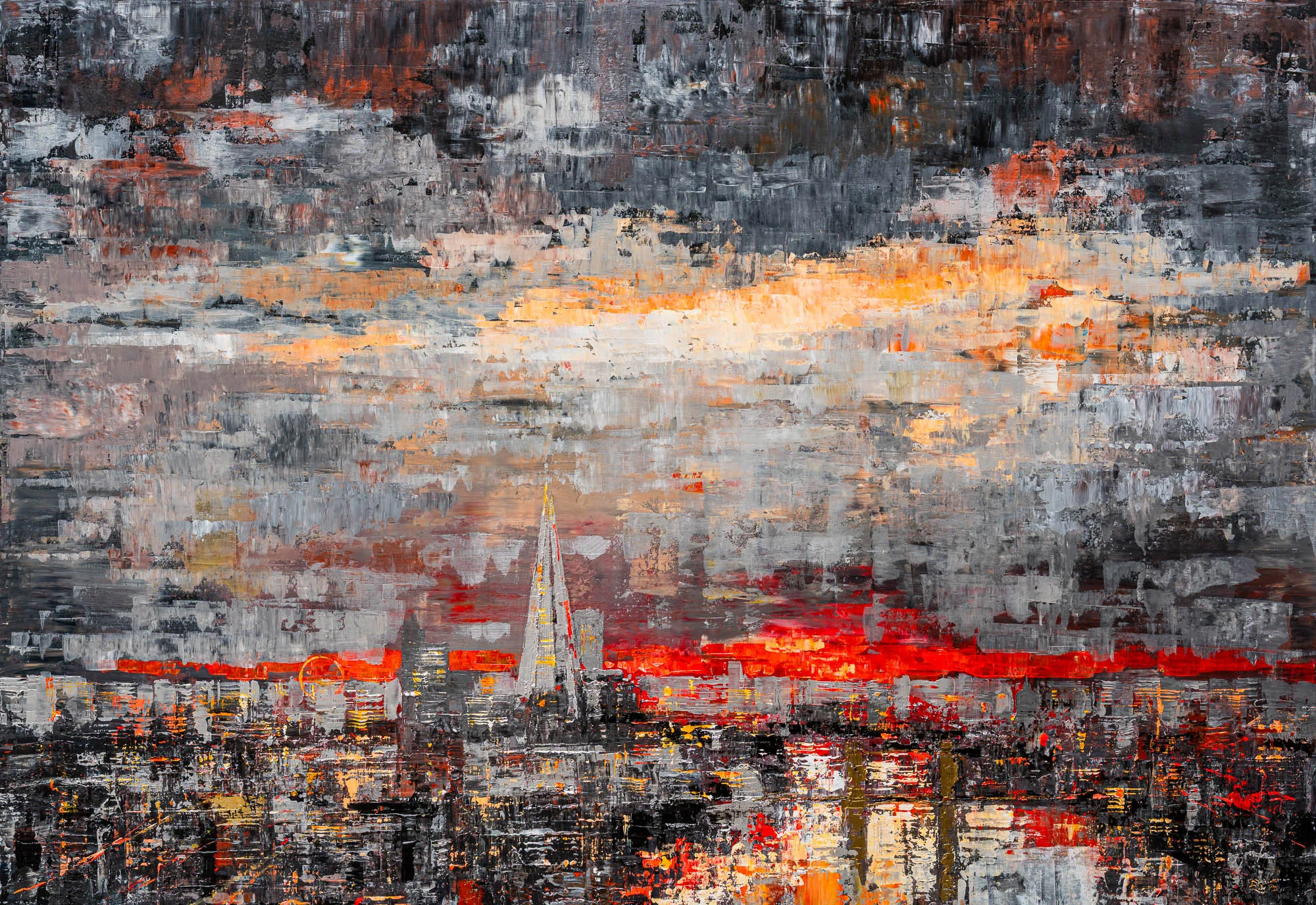 Close-up of Urban Alchemy, an original painting by Paul Kenton: textured grey brushwork over a London skyline, the Shard rising through a red sunset glow.