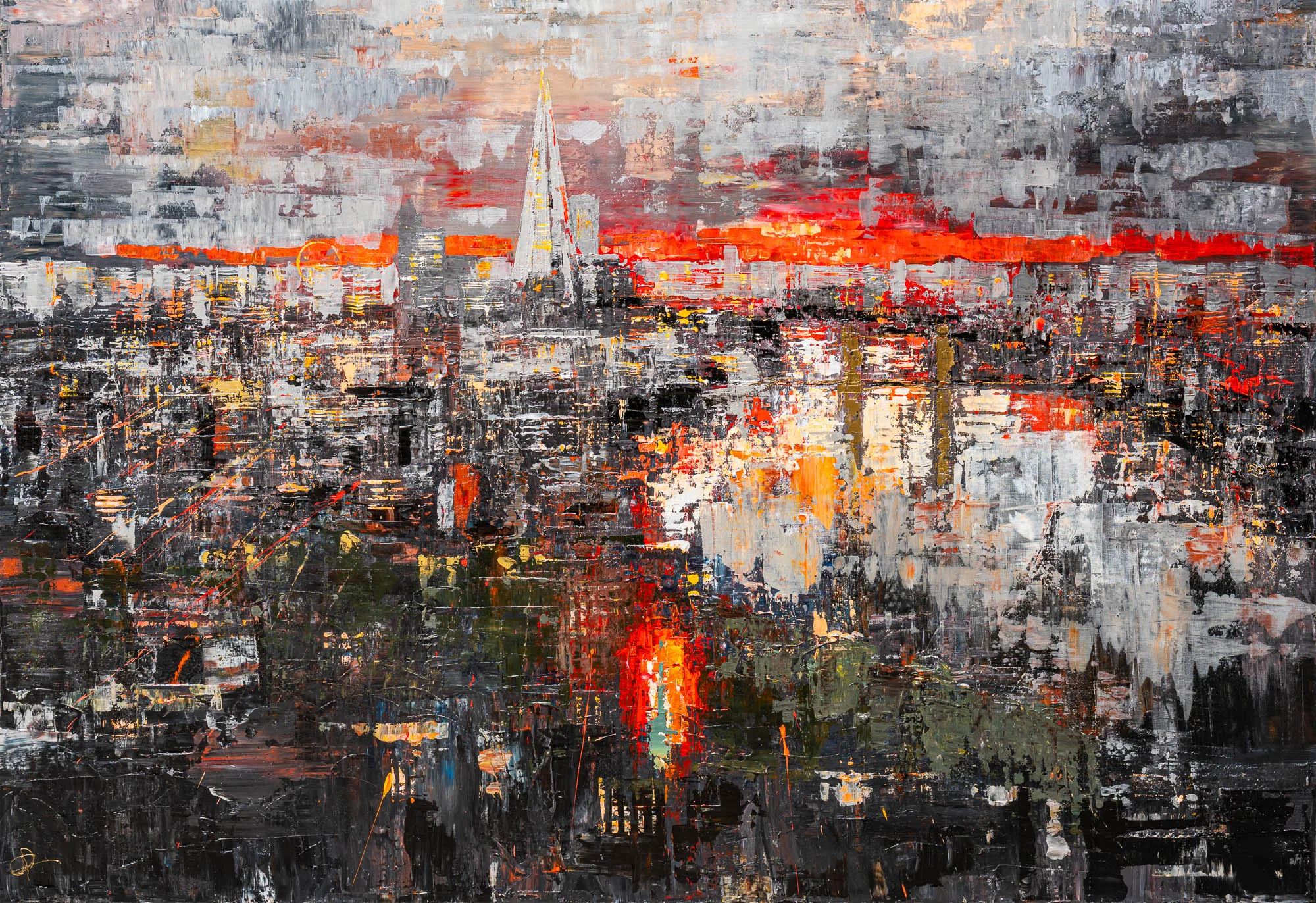 Detail of Urban Alchemy, an original painting by Paul Kenton: a textured London skyline with the Shard rising against a fiery red horizon, set among grey, silver and black brushstrokes.