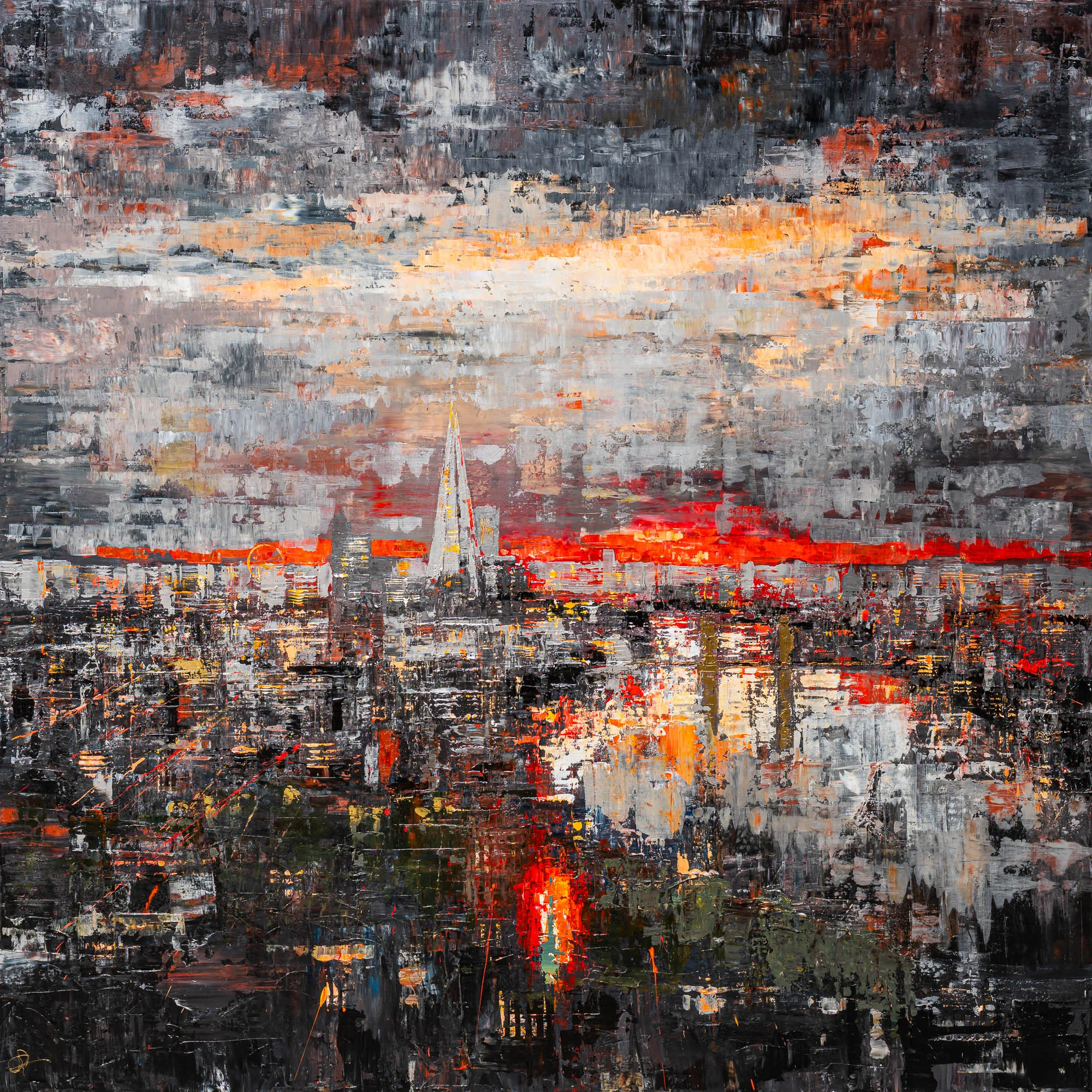 Urban Alchemy, an original painting by Paul Kenton: a textured London skyline beneath a grey and orange sunset, with a red glow along the horizon and a pale spire rising at centre.