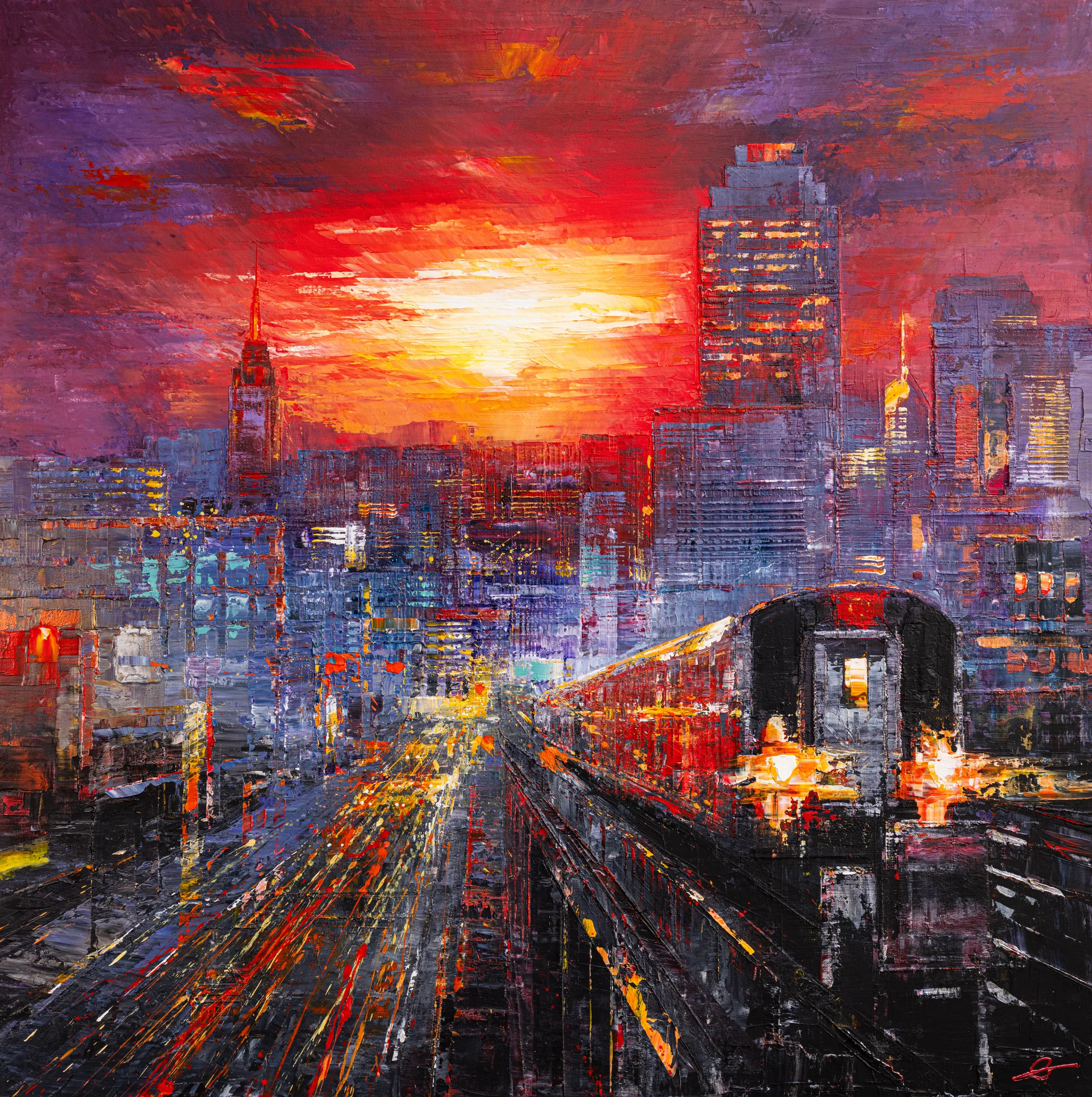 Urban Approach, an original painting by Paul Kenton: a fiery sunset over a New York skyline, with a red-and-black elevated train approaching on the right and glowing street lights below.