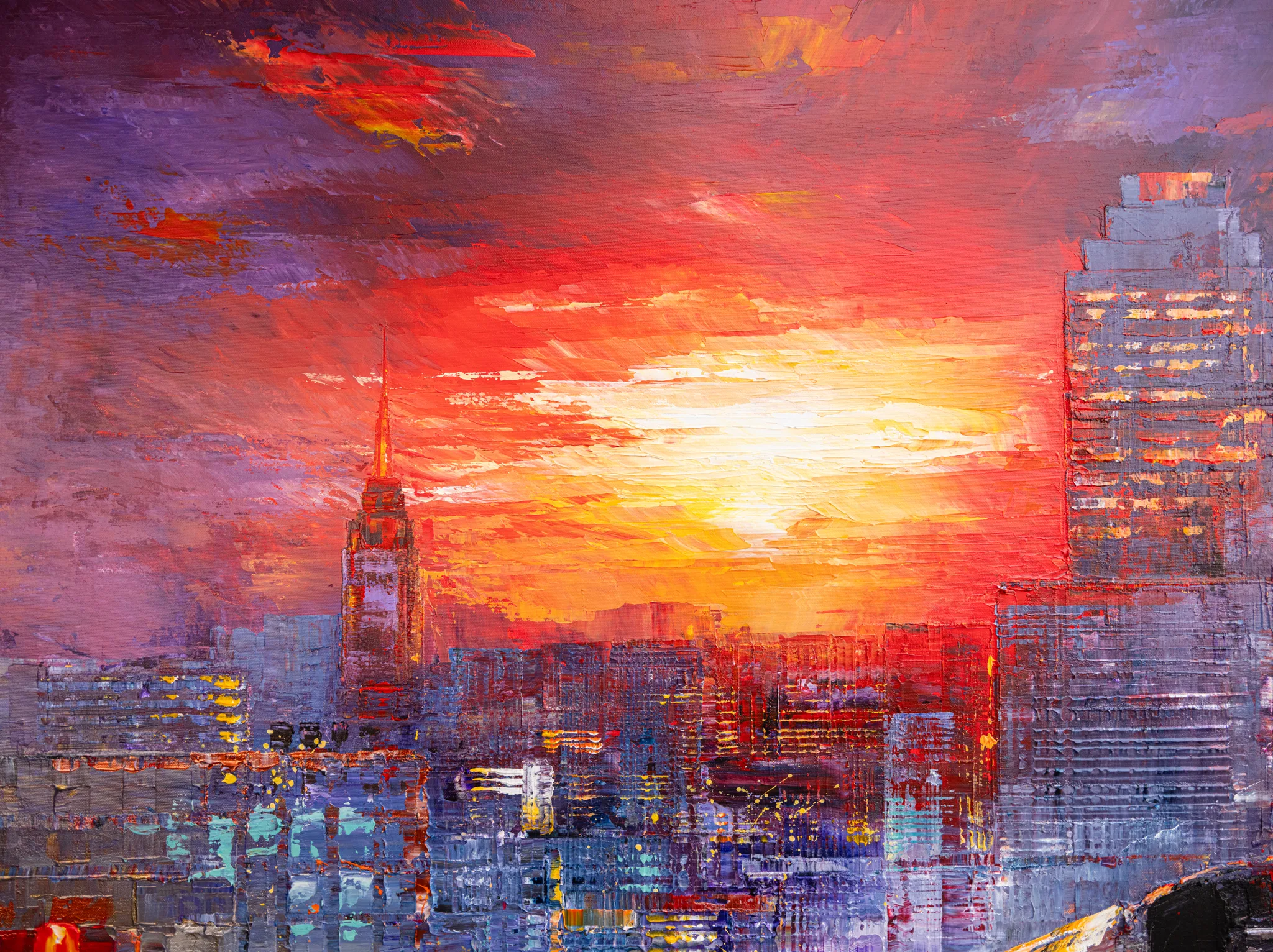 Close-up of Urban Approach, an original painting by Paul Kenton: thick, textured brushstrokes of red, orange and violet render a glowing sunset over a New York skyline, with a spired tower at left.