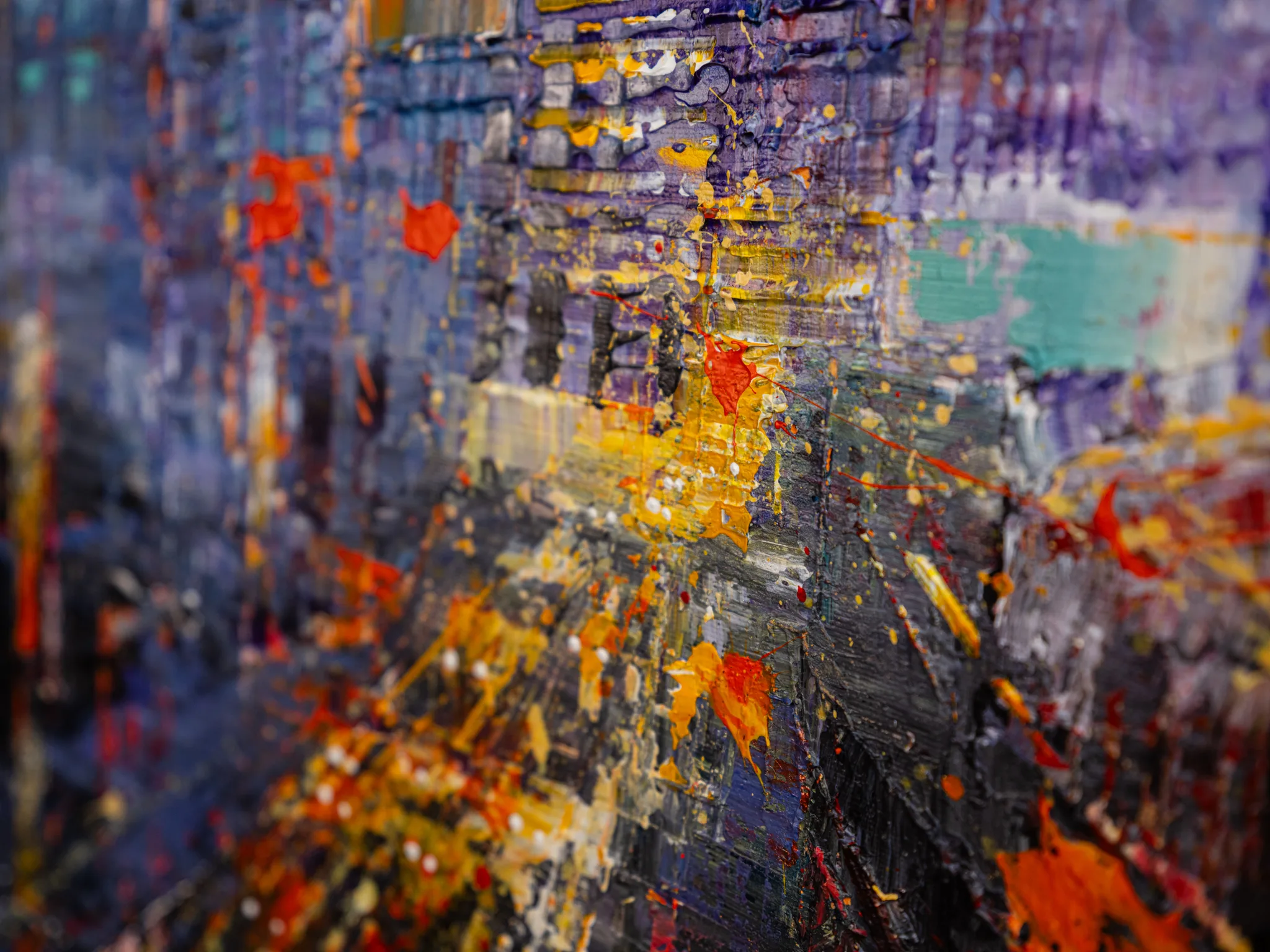 Close-up of Urban Approach, an original painting by Paul Kenton, showing thick textured paint in purple, blue and grey with orange and gold splatters and flecks of metallic teal.