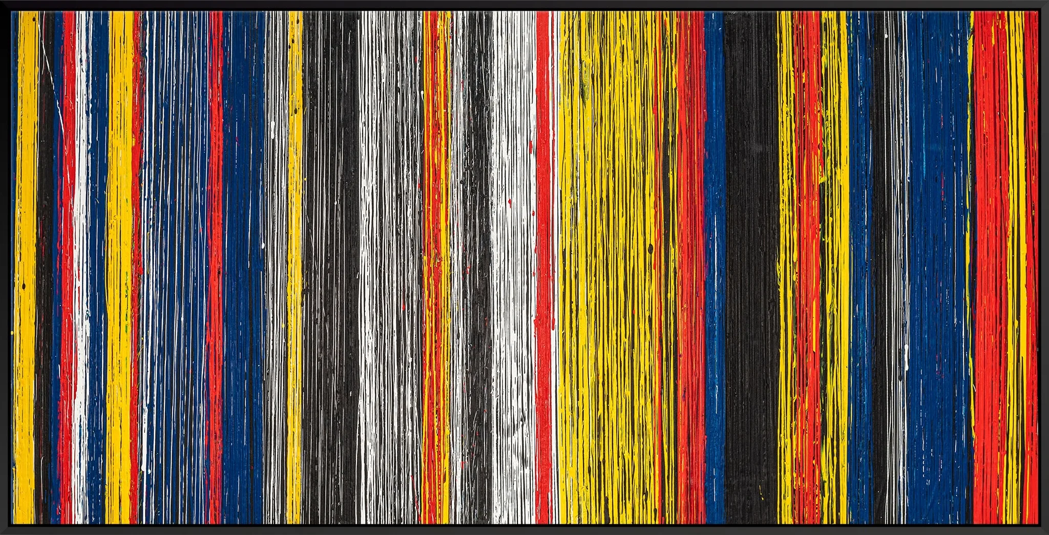 Uniform Oscillation, an original acrylic painting by Paul Kenton in a slim black frame: wide vertical bands of yellow, red, blue, black and white, streaked with fine drips and lines.