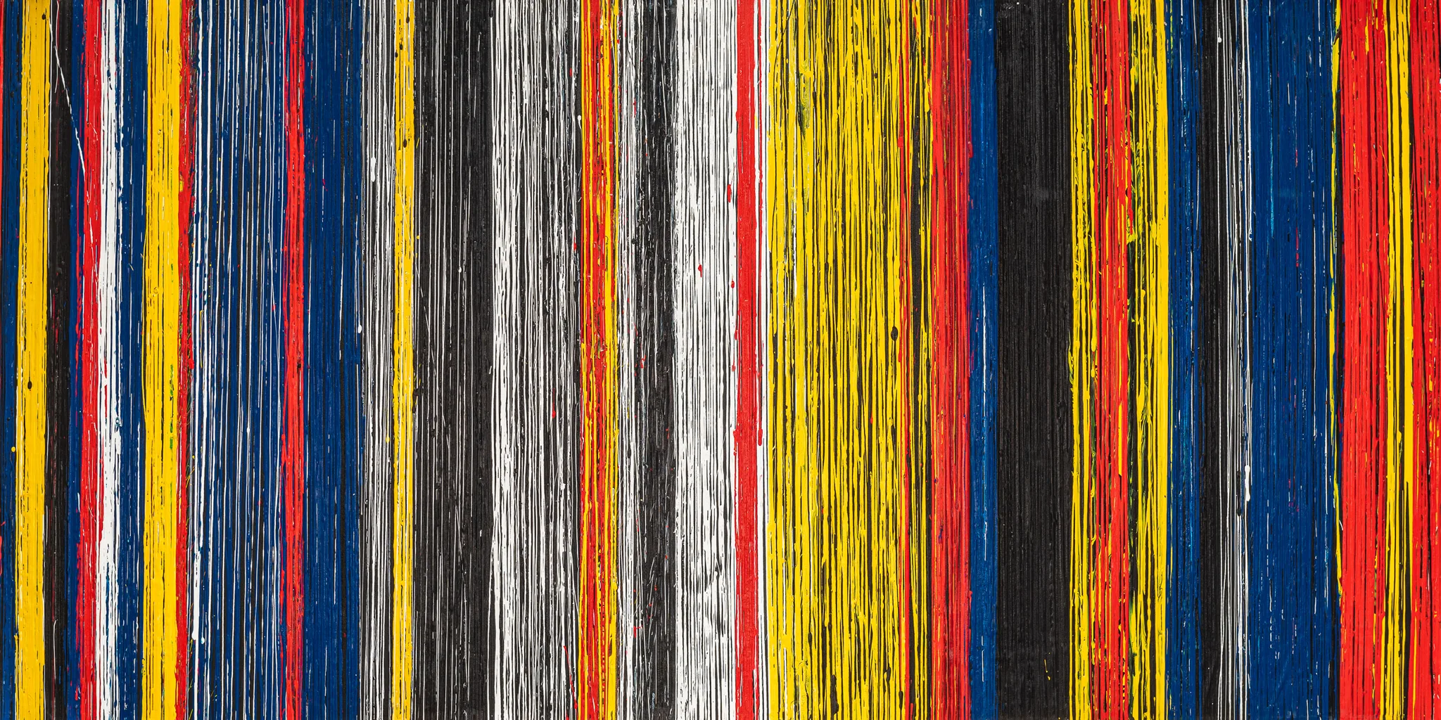 Uniform Oscillation, an original painting by Paul Kenton: dense vertical stripes of yellow, red, blue, black and white, with textured, drip-like brushstrokes running top to bottom.