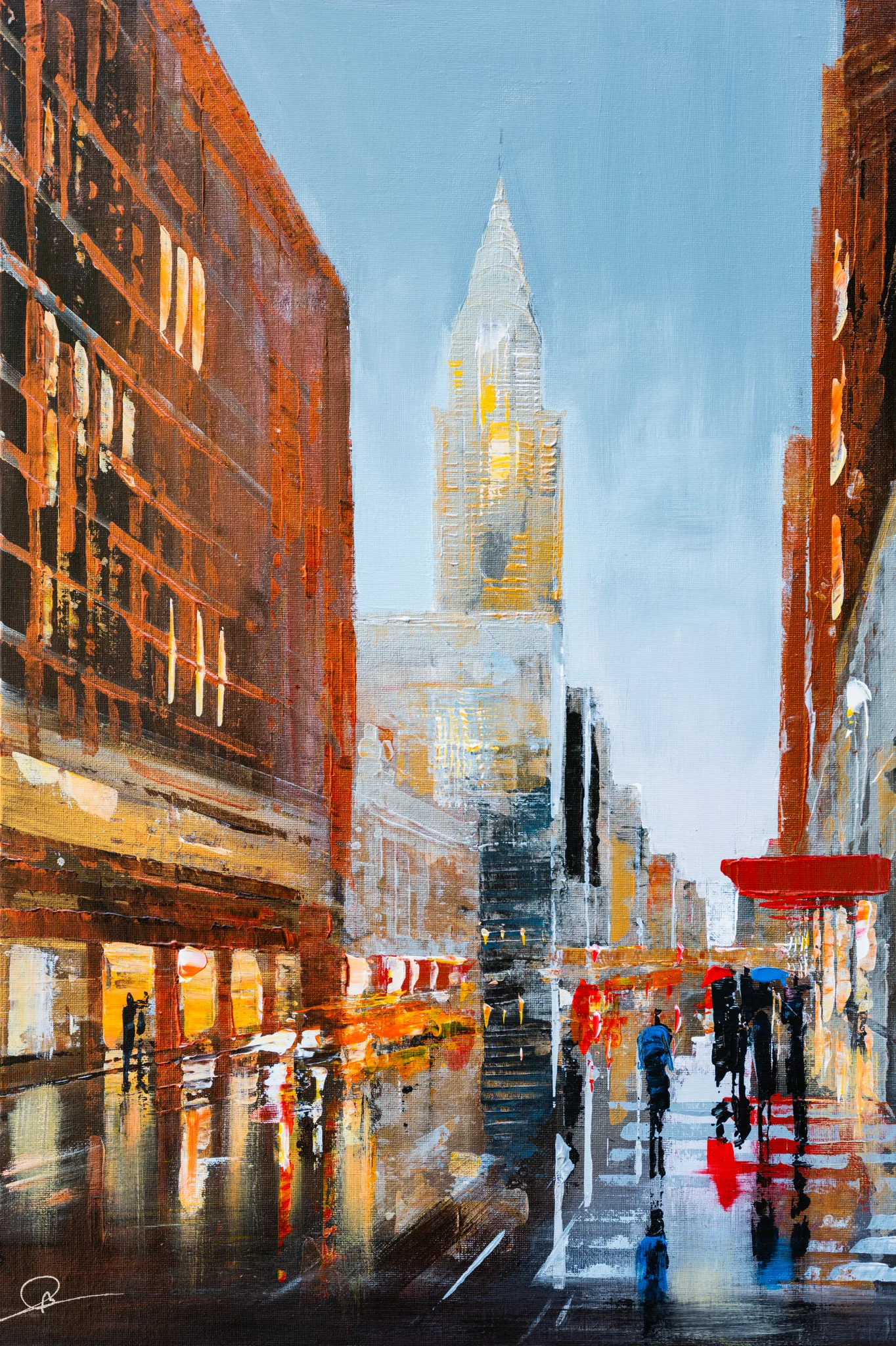 Under the Chrysler, an original painting by Paul Kenton: a rain-slicked city street in New York beneath a tall, gilded spire, with warm orange brick buildings and pedestrians with umbrellas against a pale blue sky.