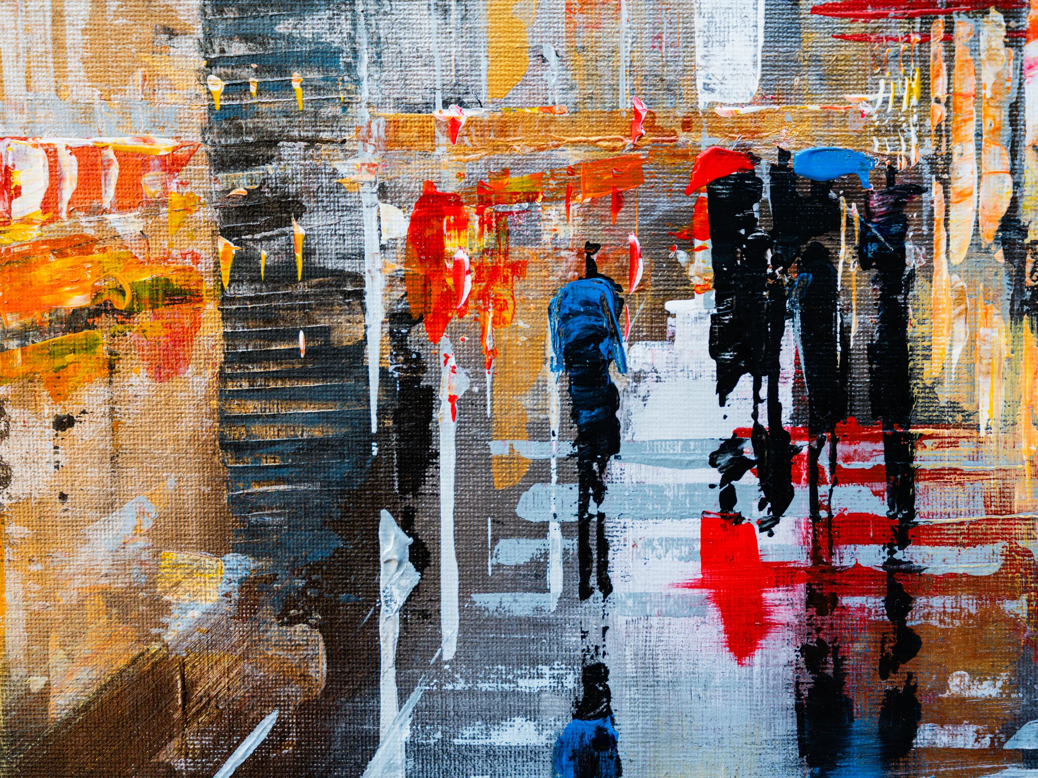Close-up of Under the Chrysler, an original painting by Paul Kenton: loose, textured brushstrokes of red, orange and gold suggest a rain-streaked city street, with dark figures under blue and red umbrellas.