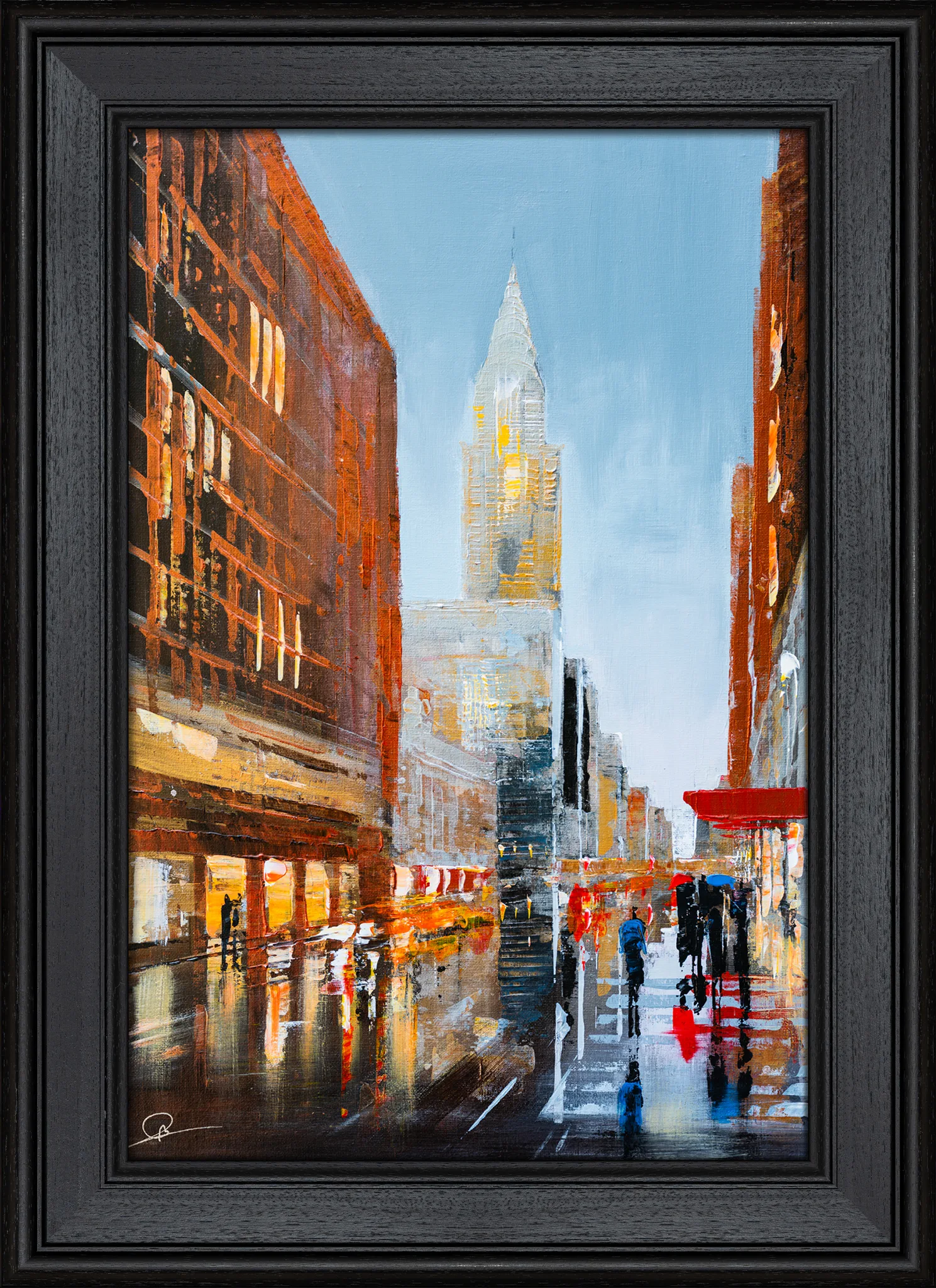Under the Chrysler, an original painting by Paul Kenton in a dark black frame: a rain-slicked New York street with glowing orange brick buildings, the Chrysler Building's spire rising above, and red accents.