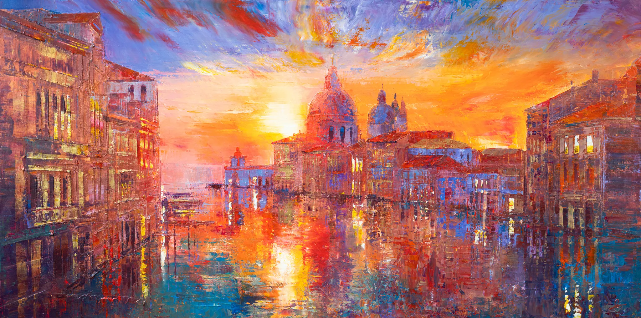 Venice Ablaze, an original painting by Paul Kenton: a bold, textured Venetian canal at sunset, with a domed church glowing orange against a fiery sky and warm light reflected on the water.