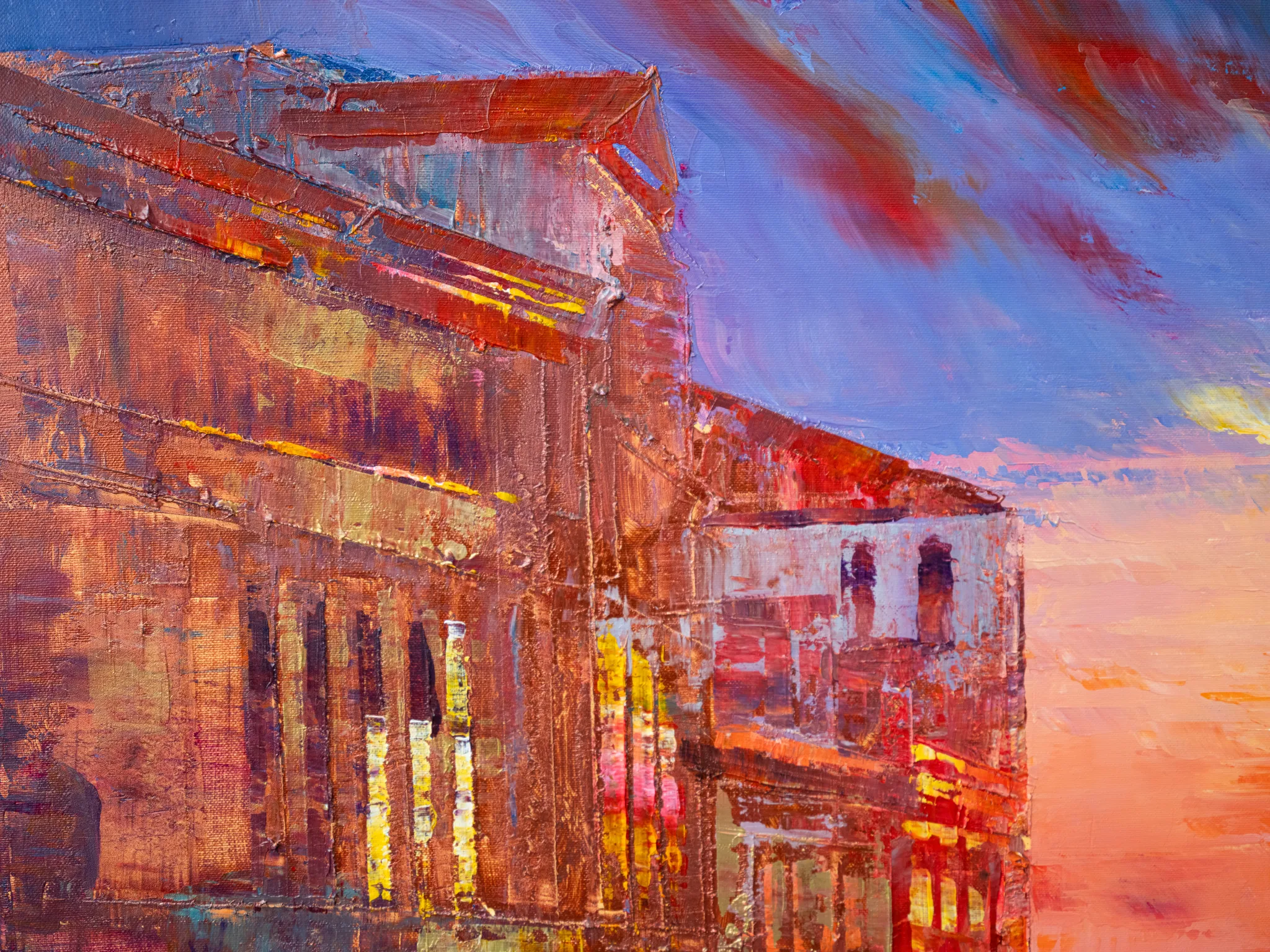 Close-up of the thick, textured brushwork in Venice Ablaze, an original painting by Paul Kenton, showing warm terracotta palazzo façades under a violet and red sunset sky.