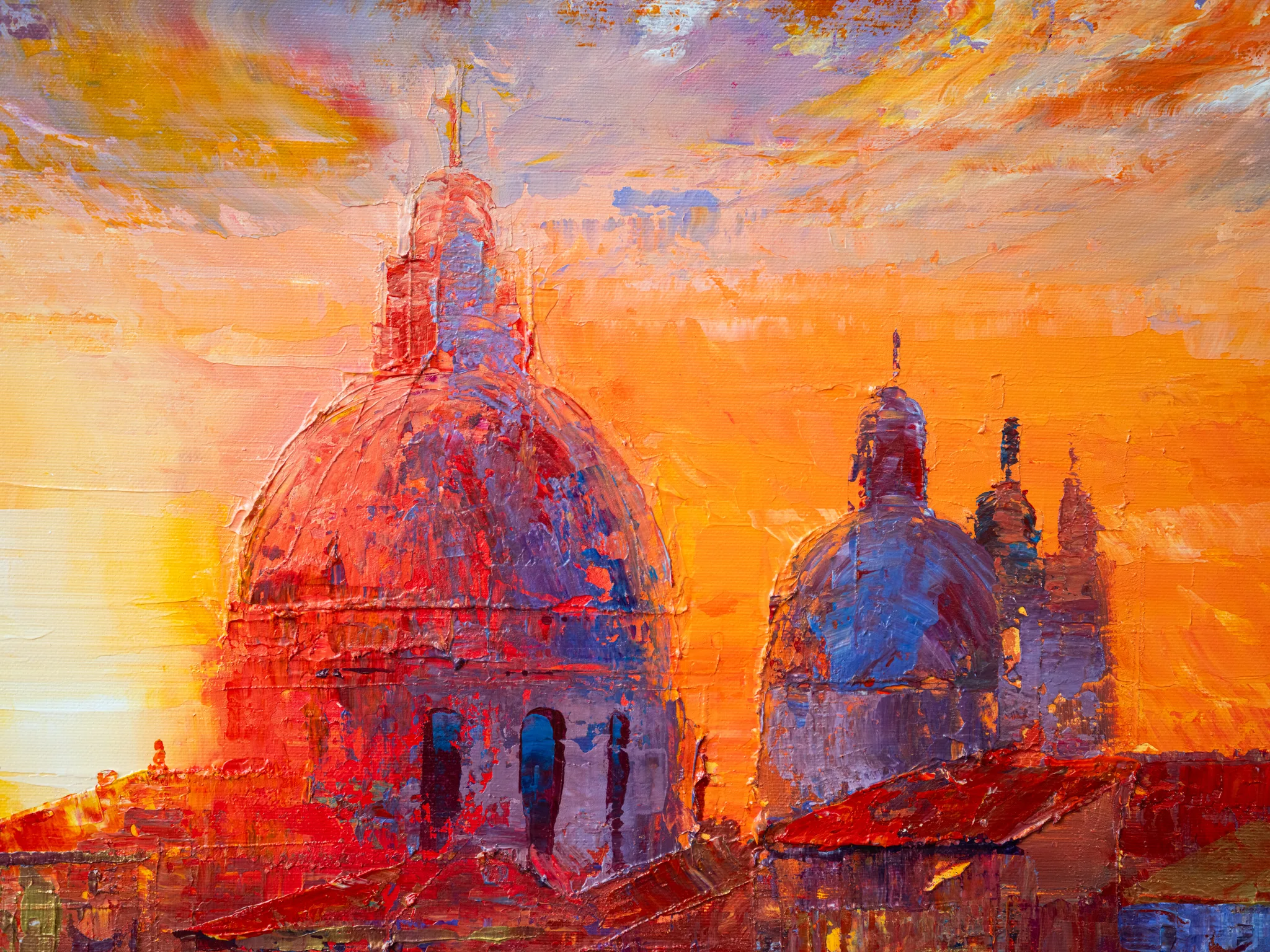 Close-up detail of Venice Ablaze, an original painting by Paul Kenton: thick, textured brushwork shows domes and rooftops of Venice glowing red and violet against a blazing orange sunset sky.