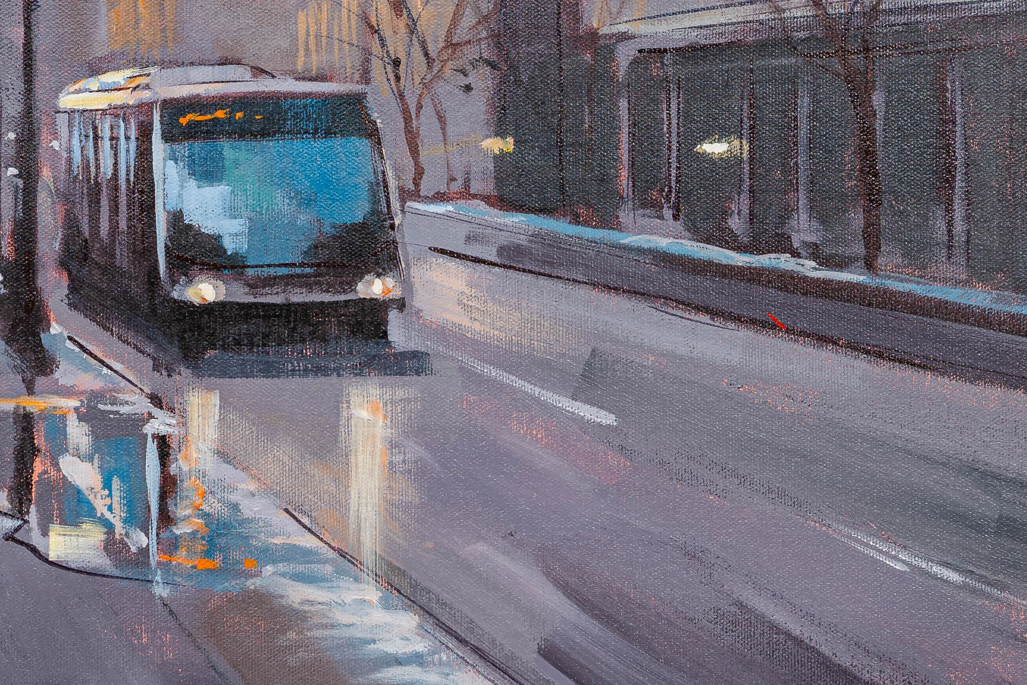Close-up of Windy City Blues, an original oil painting by Paul Kenton: a bus with glowing headlights moves along a wet city street at dusk, with loose, textured brushwork in grey, blue and amber.