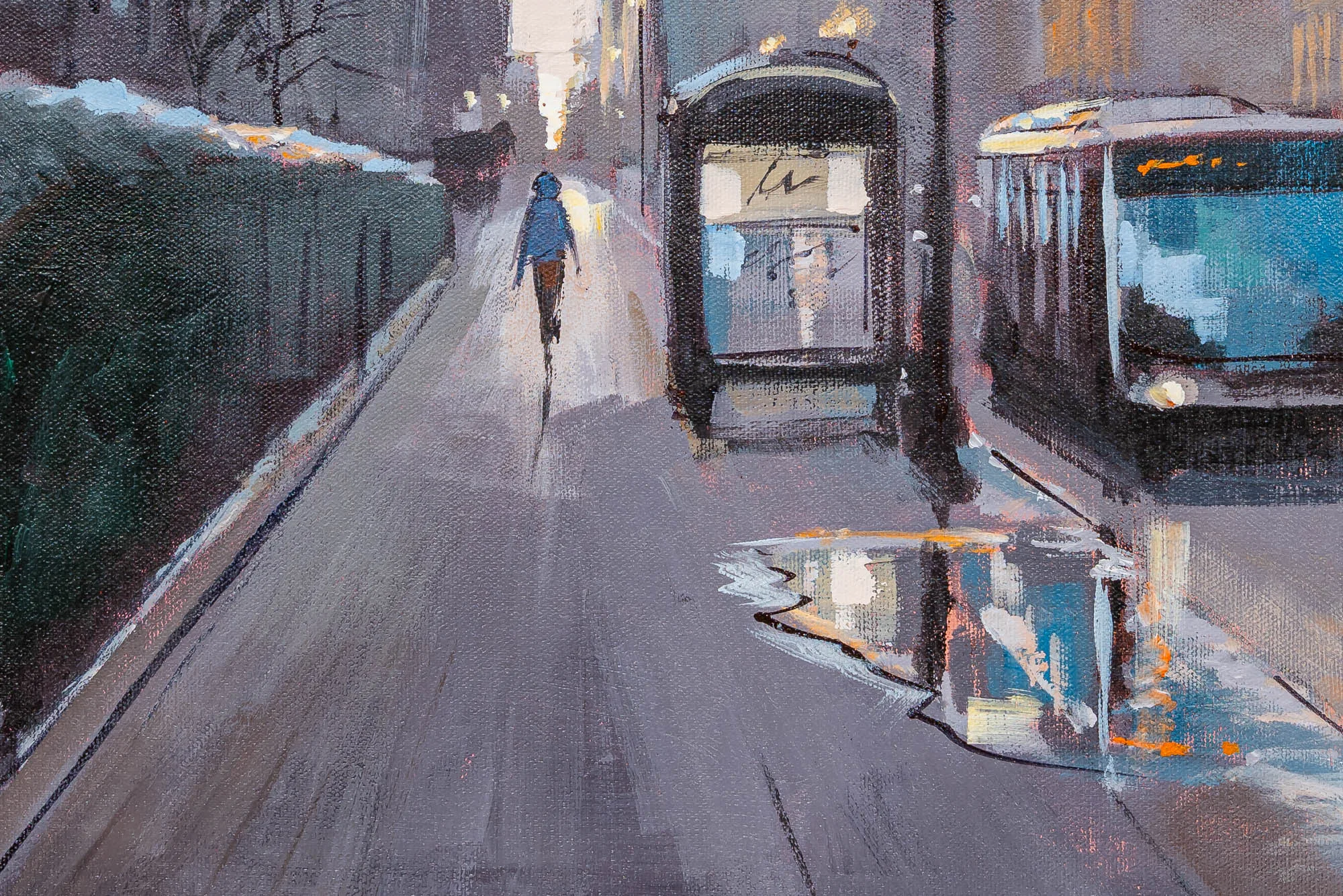 Close-up of Windy City Blues, an original oil painting by Paul Kenton: a rain-wet street at dusk with a lone pedestrian in a blue coat, a bus stop shelter and a blue bus, with lights reflected in a puddle.