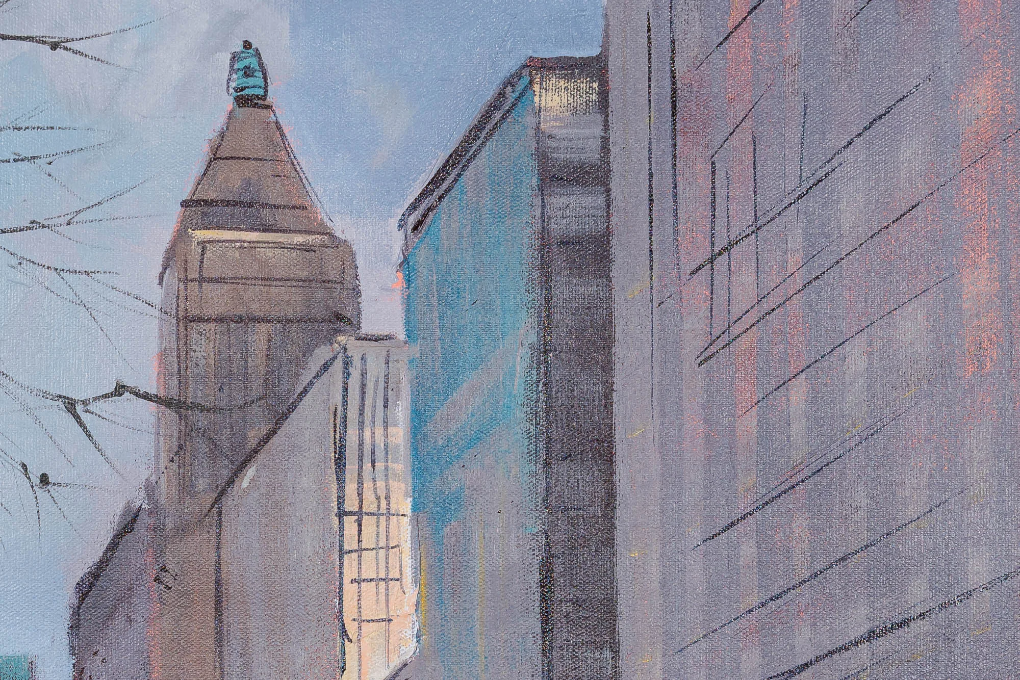Close-up of Windy City Blues, an original oil painting by Paul Kenton: a grey spire topped with a small teal figure rises beside blue-grey towers, with loose streaks of paint and bare black branches.