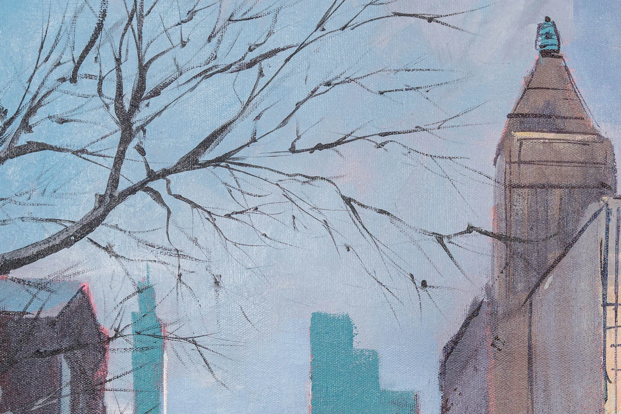 Detail of Windy City Blues, an original oil on canvas painting by Paul Kenton: bare winter branches arc across a pale blue sky above Chicago's towers, with a teal-topped skyscraper and textured brushwork.