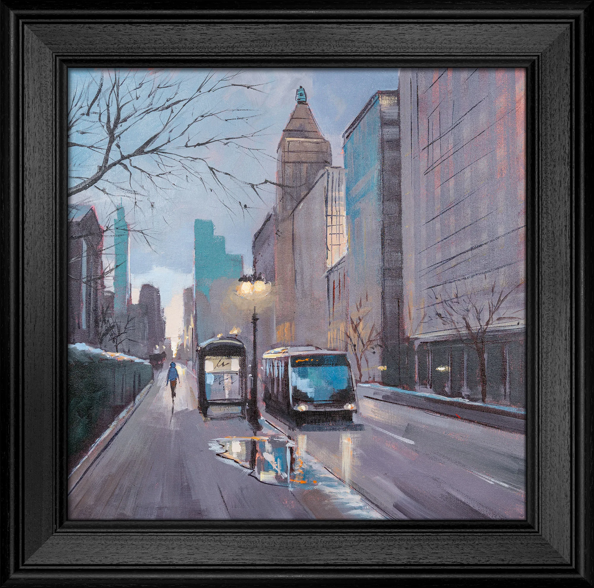 Windy City Blues, an original oil painting by Paul Kenton in a black frame: a wet Chicago street at dusk, a bus and lone pedestrian beneath bare trees, cool blue and grey tones.