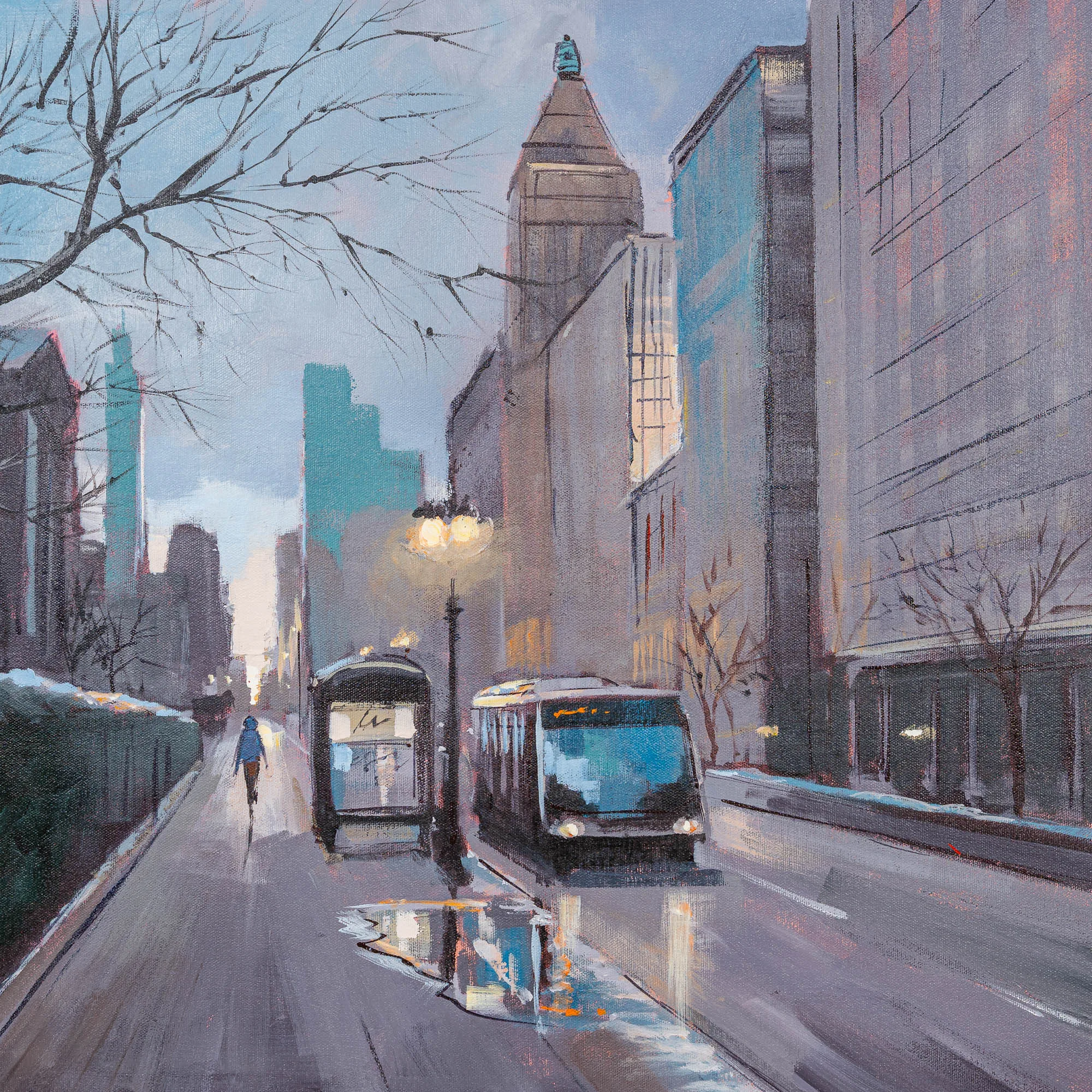 Windy City Blues, an original oil painting by Paul Kenton: a bare-branched street in Chicago at dusk, with a cyclist, a bus stop shelter, a bright bus and a glowing lamp beside a wet puddle.