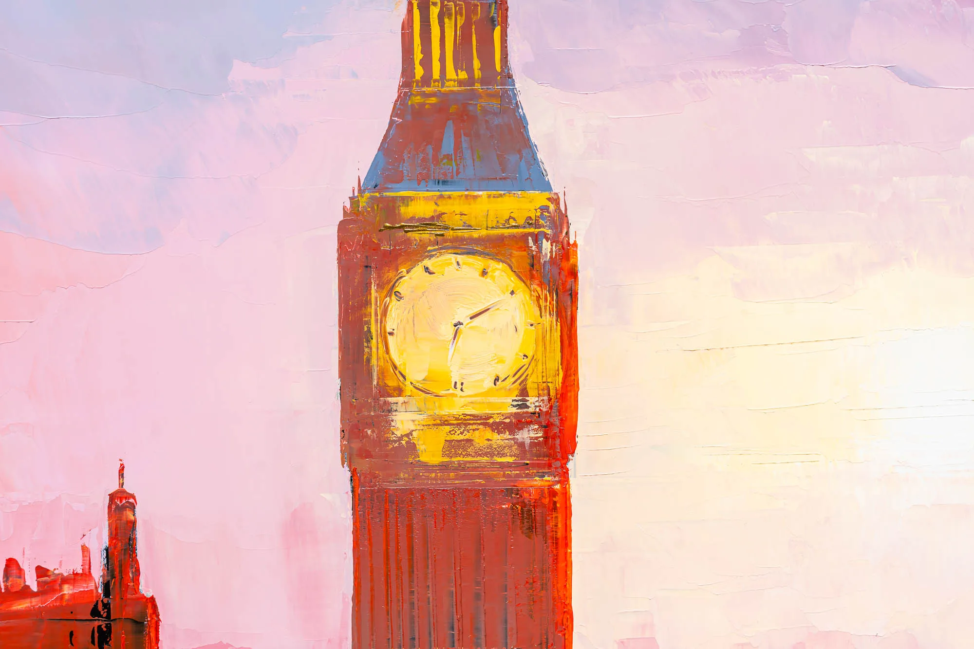 Westminster Radiance, an original painting by Paul Kenton: a close-up of Big Ben's clock tower in thick, textured strokes of red, gold and pink against a soft pastel sky.