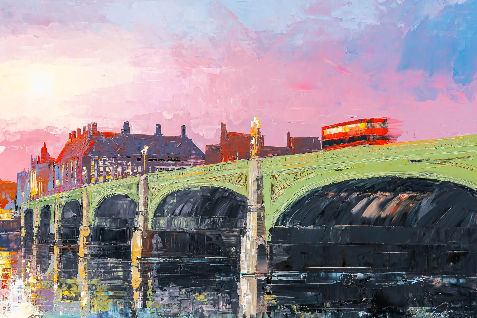 Westminster Radiance, an original painting by Paul Kenton: a close-up of a green-painted bridge over dark arches, with a red double-decker bus crossing against a pink dusk sky, in thick textured brushwork.